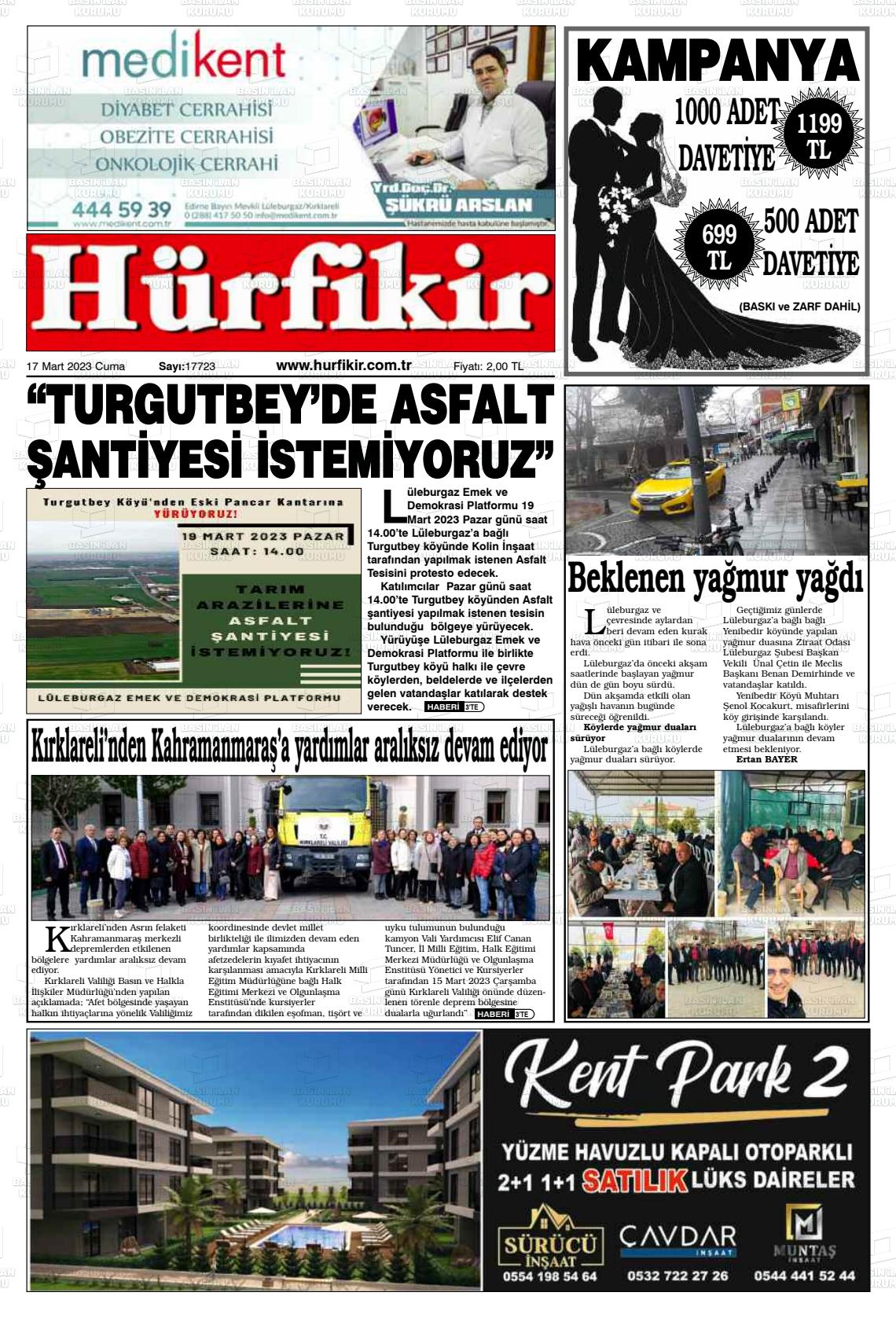 17 Mart 2023 Hürfikir Gazete Manşeti