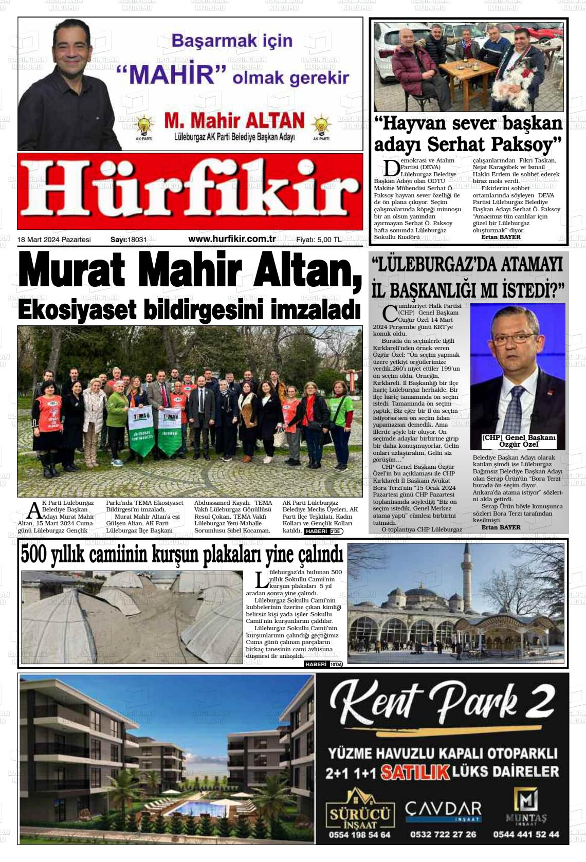 18 Mart 2024 Hürfikir Gazete Manşeti