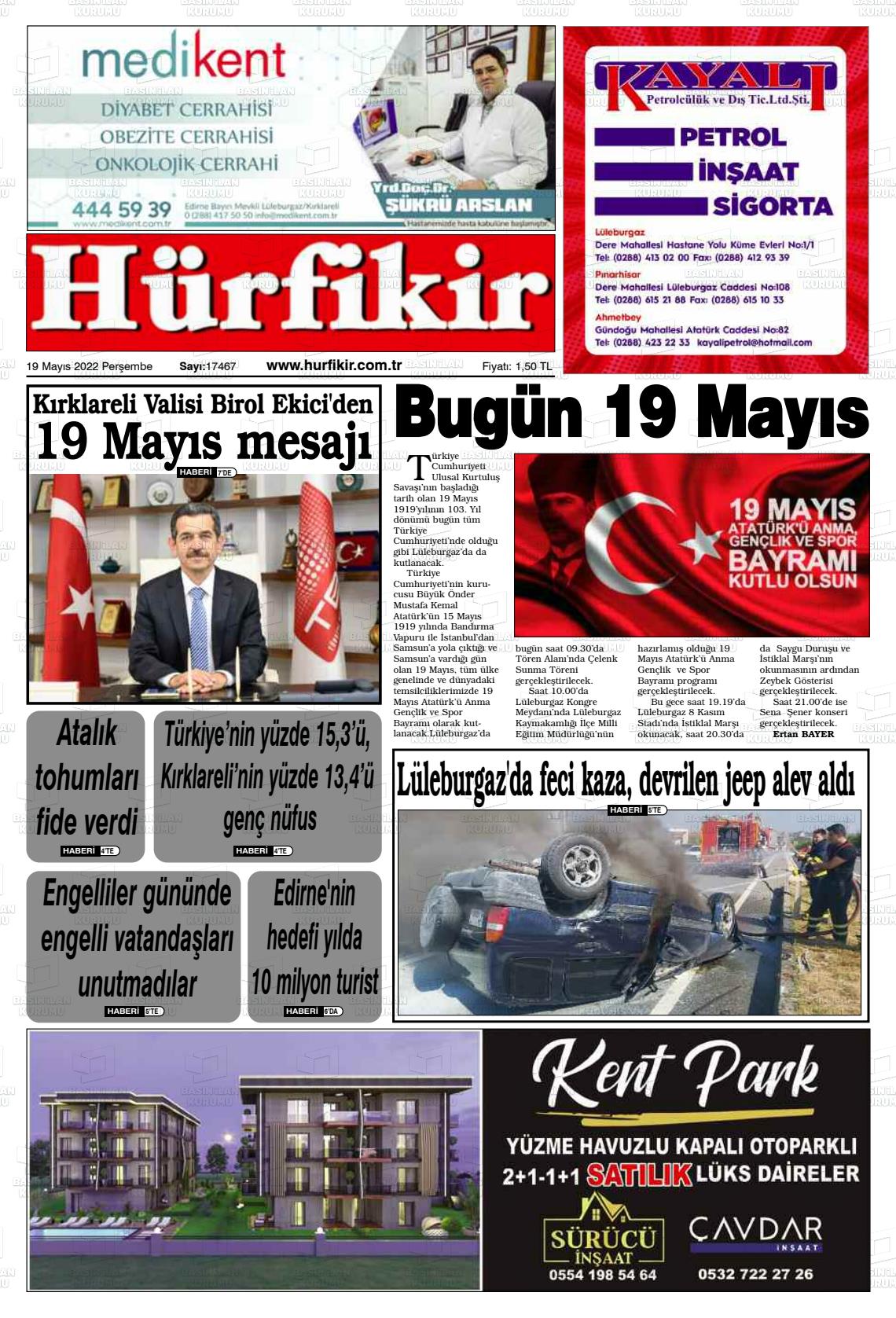 19 Mayıs 2022 Hürfikir Gazete Manşeti