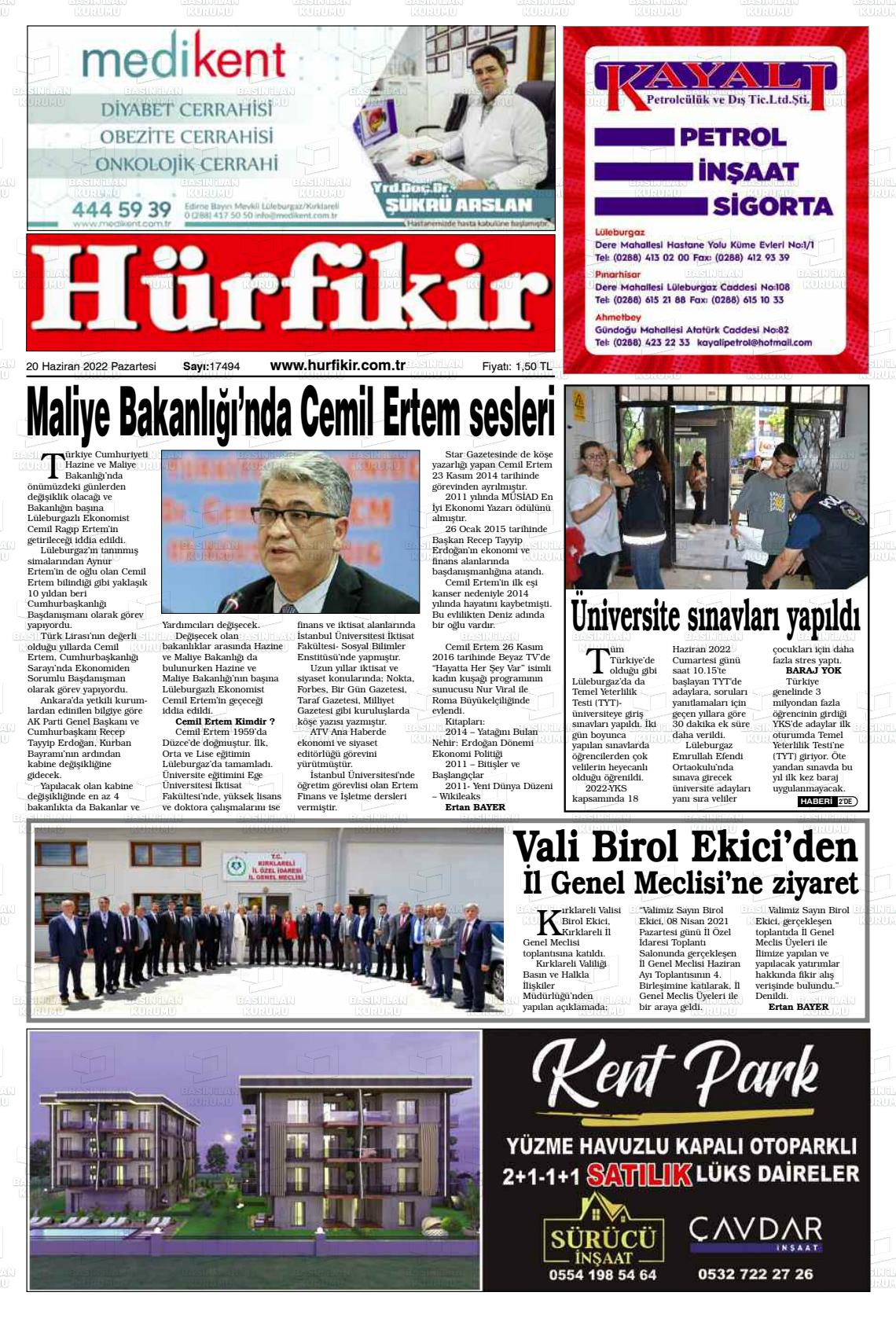 20 Haziran 2022 Hürfikir Gazete Manşeti