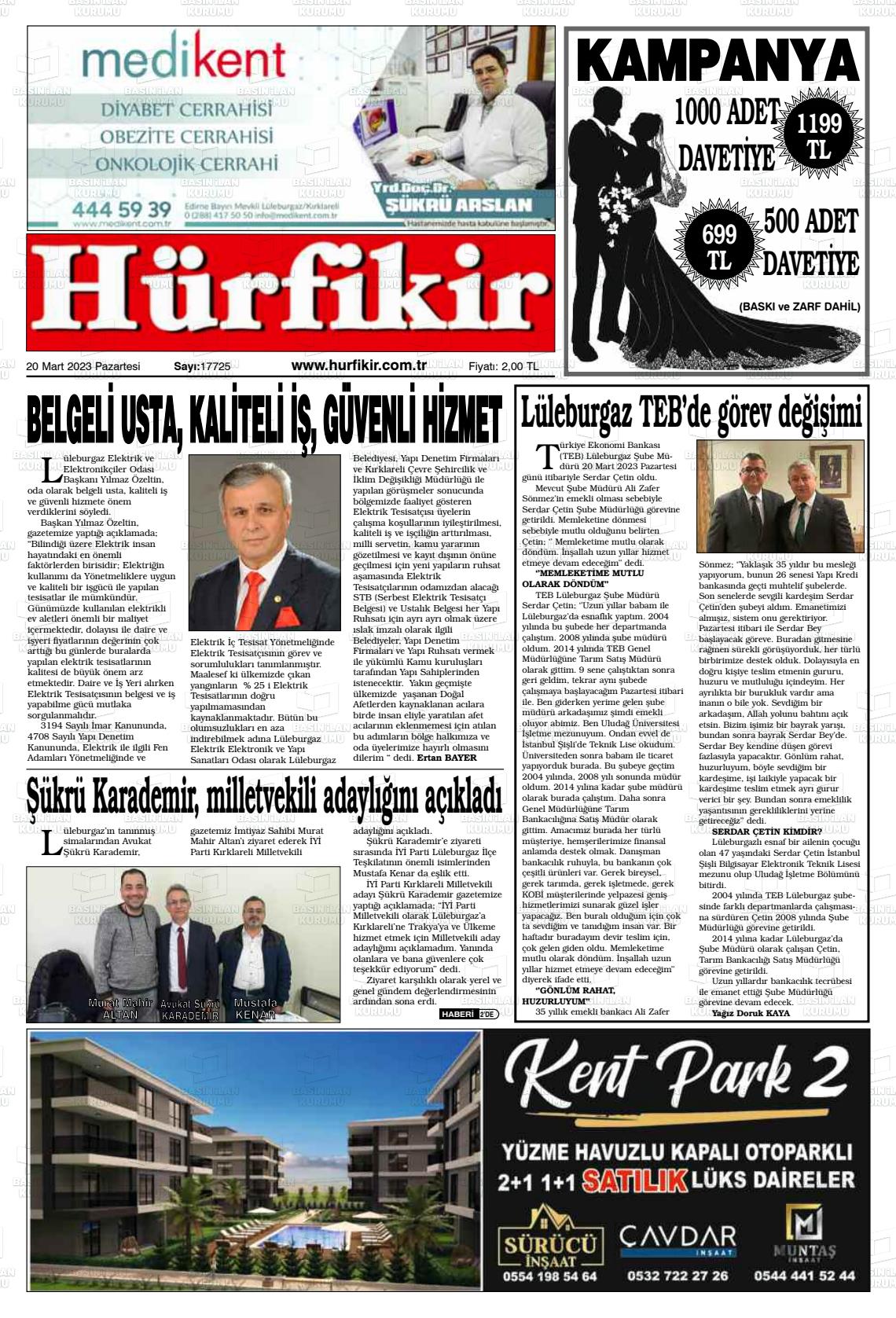 20 Mart 2023 Hürfikir Gazete Manşeti