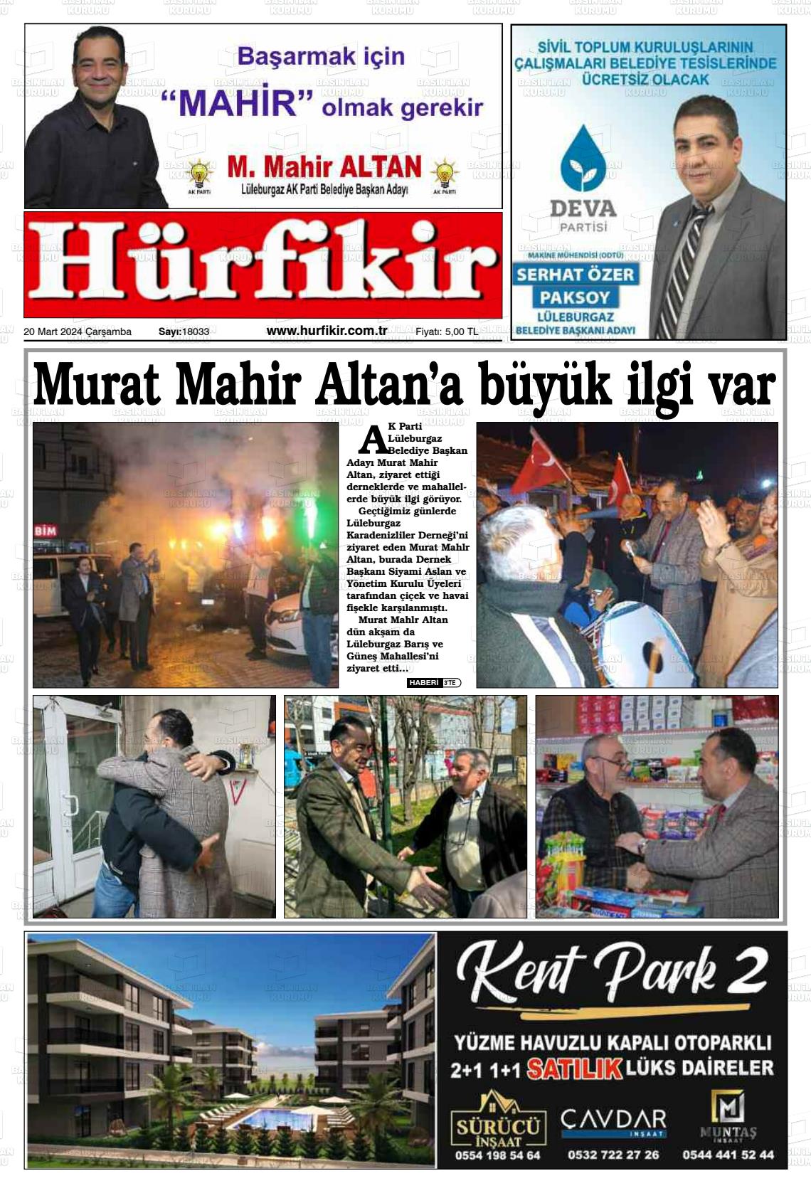 20 Mart 2024 Hürfikir Gazete Manşeti