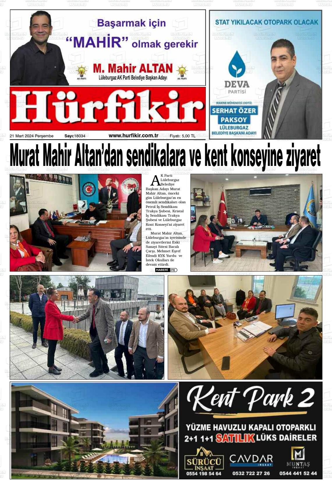 21 Mart 2024 Hürfikir Gazete Manşeti