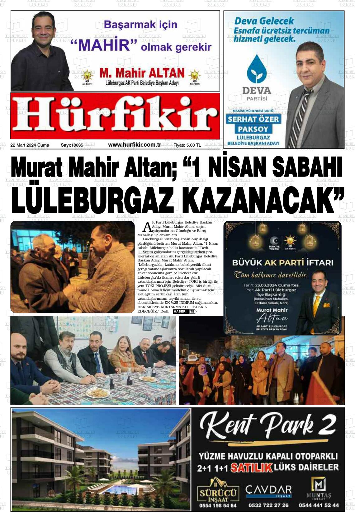 22 Mart 2024 Hürfikir Gazete Manşeti