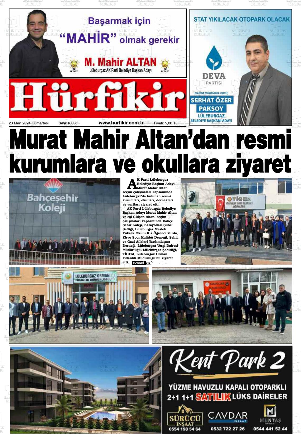 23 Mart 2024 Hürfikir Gazete Manşeti