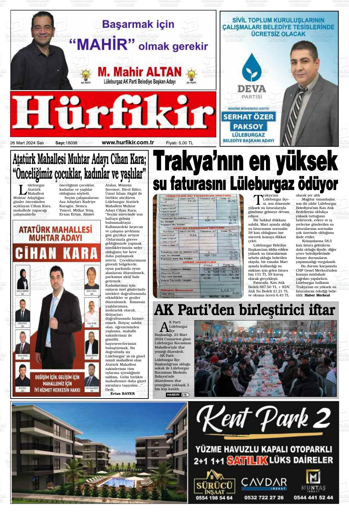 26 Mart 2024 Hürfikir Gazete Manşeti