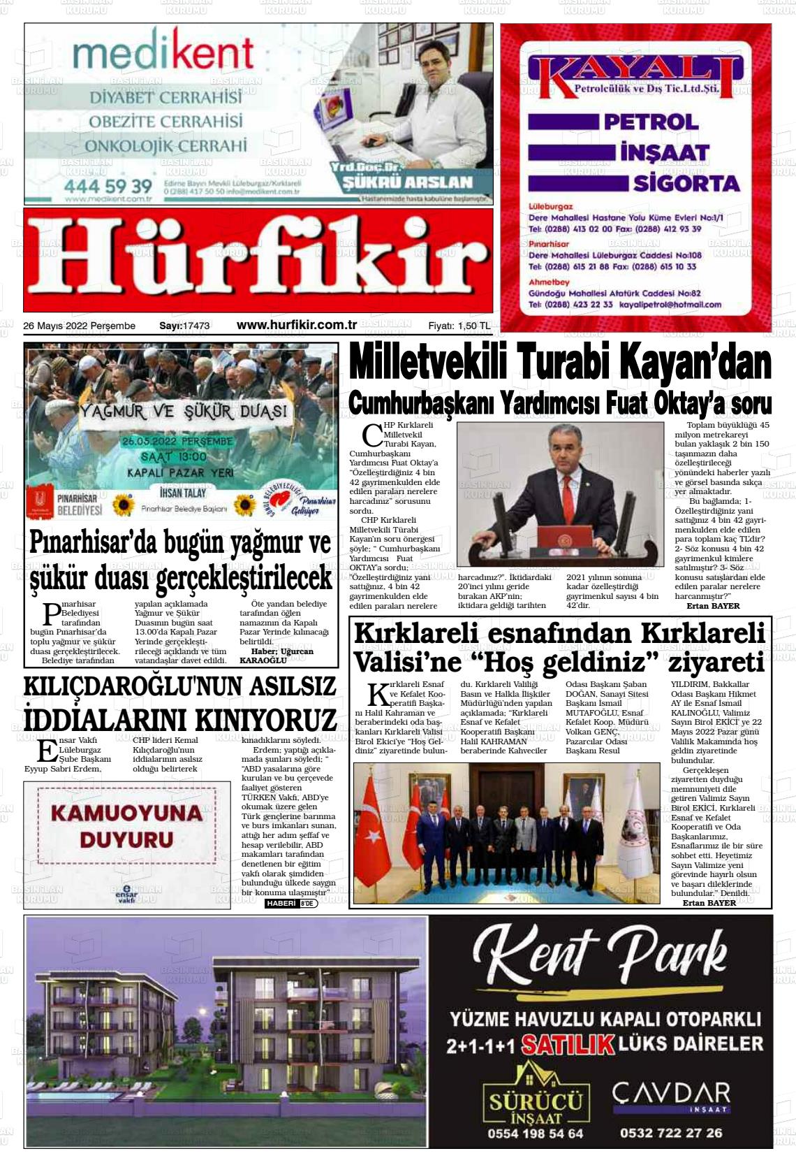 26 Mayıs 2022 Hürfikir Gazete Manşeti