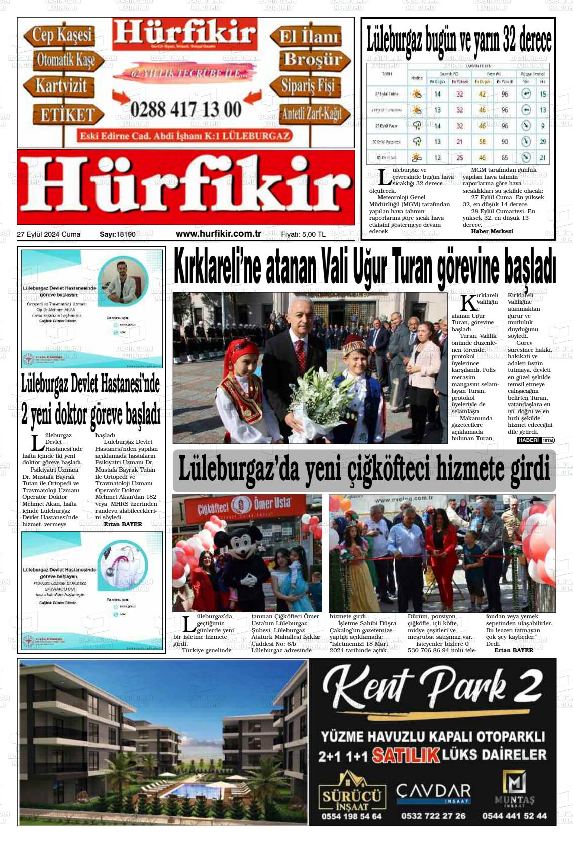 27 Eylül 2024 Hürfikir Gazete Manşeti