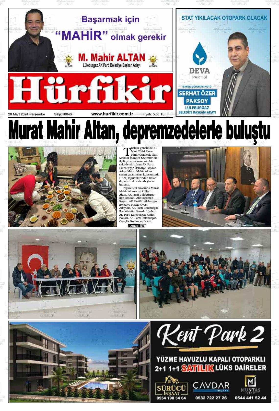 28 Mart 2024 Hürfikir Gazete Manşeti