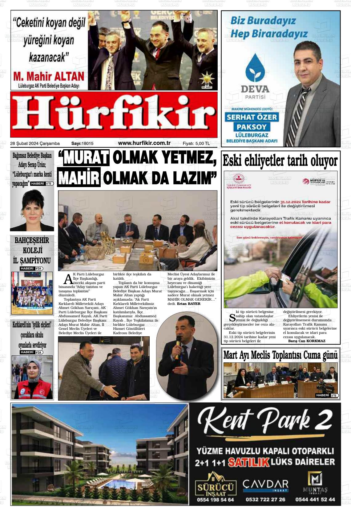 28 Şubat 2024 Hürfikir Gazete Manşeti