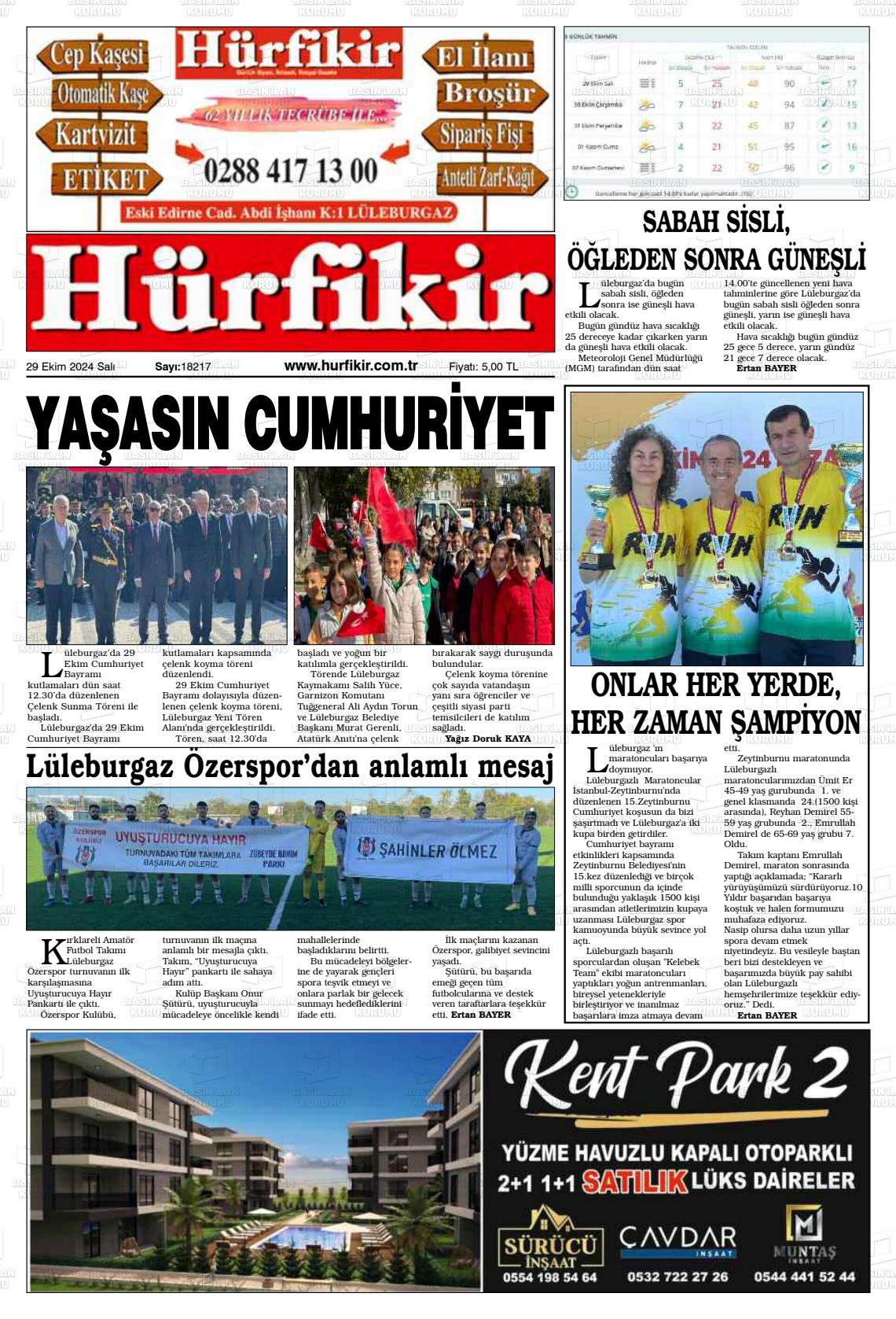 29 Ekim 2024 Hürfikir Gazete Manşeti