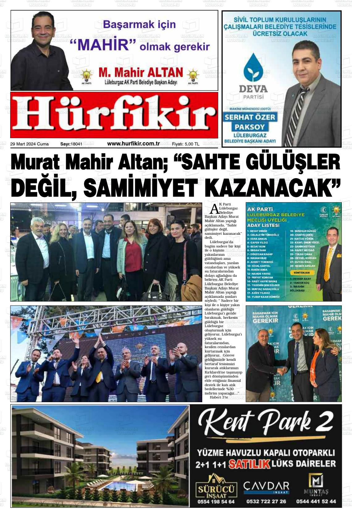 29 Mart 2024 Hürfikir Gazete Manşeti