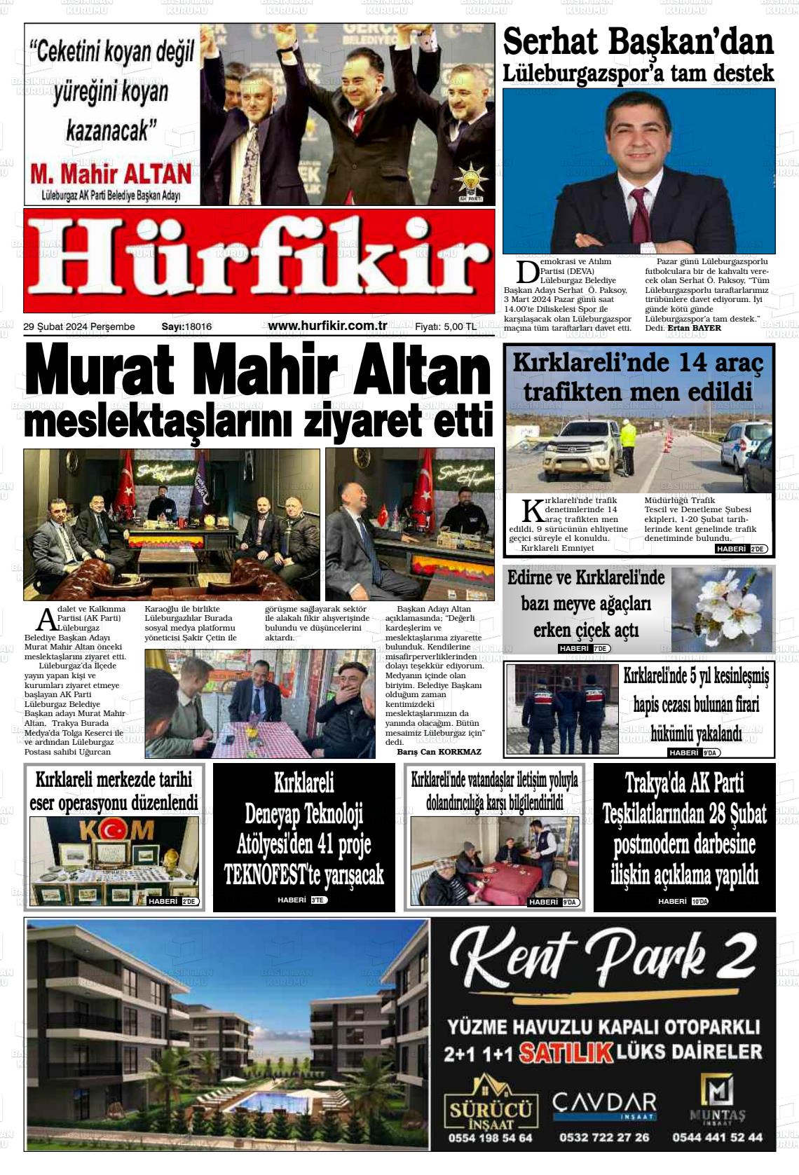 29 Şubat 2024 Hürfikir Gazete Manşeti