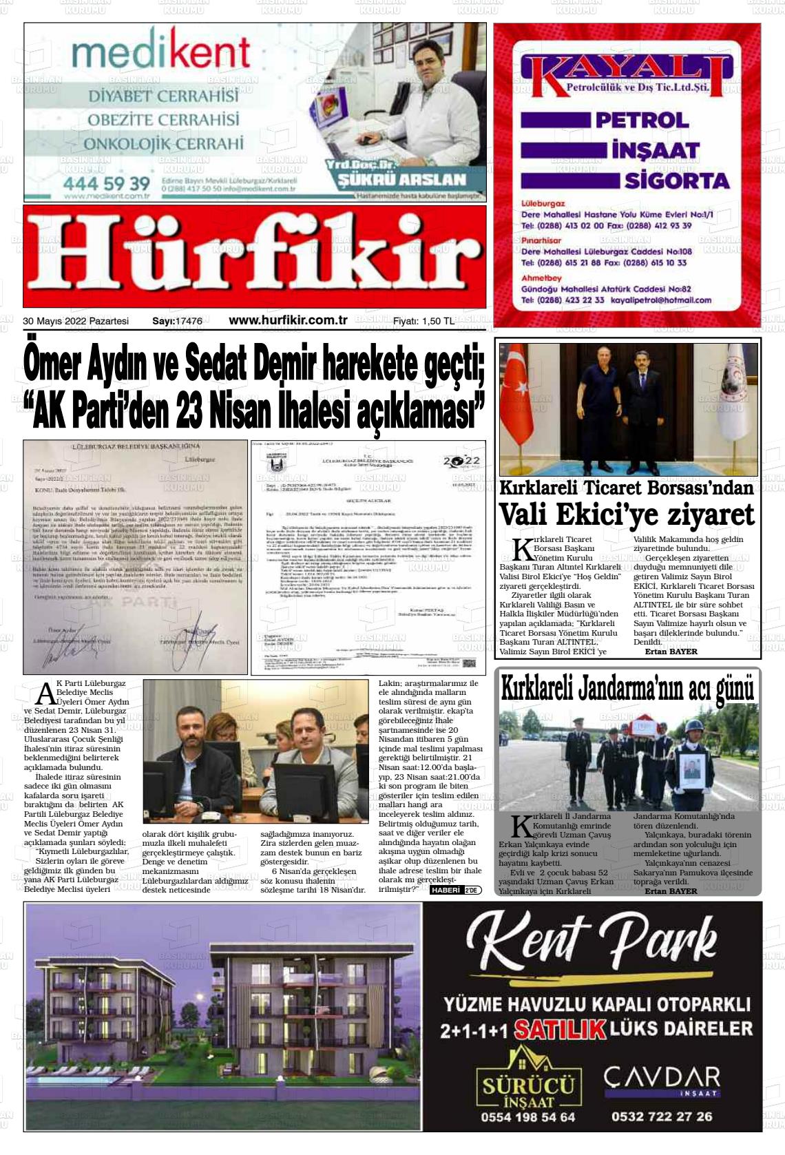 30 Mayıs 2022 Hürfikir Gazete Manşeti