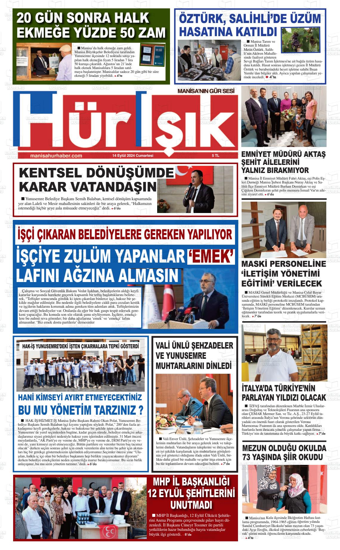 14 Eylül 2024 Hür Işık Gazete Manşeti