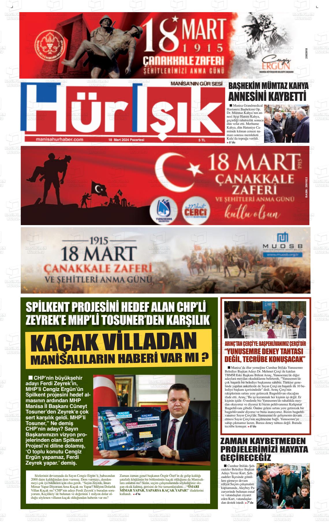 18 Mart 2024 Hür Işık Gazete Manşeti