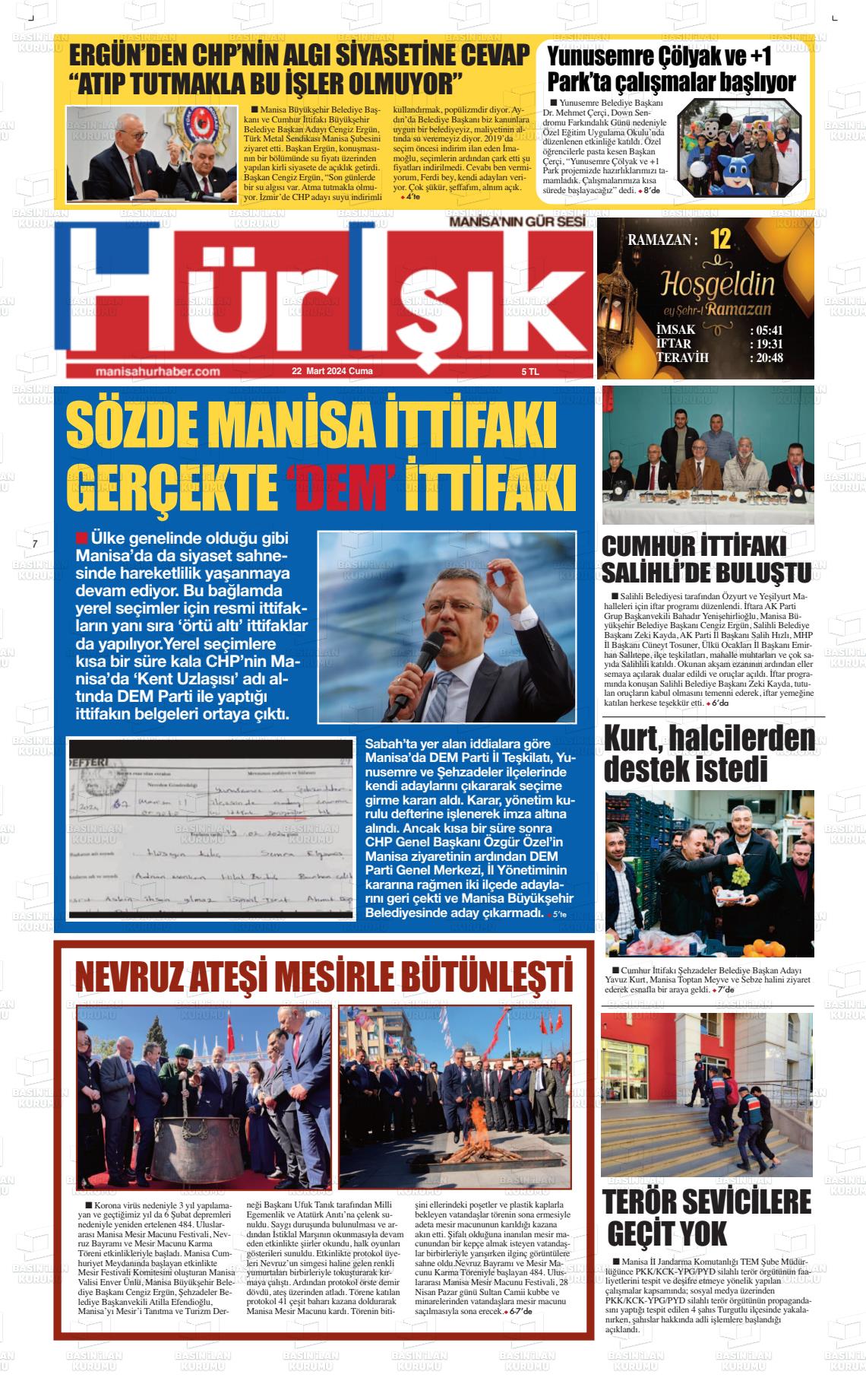 22 Mart 2024 Hür Işık Gazete Manşeti