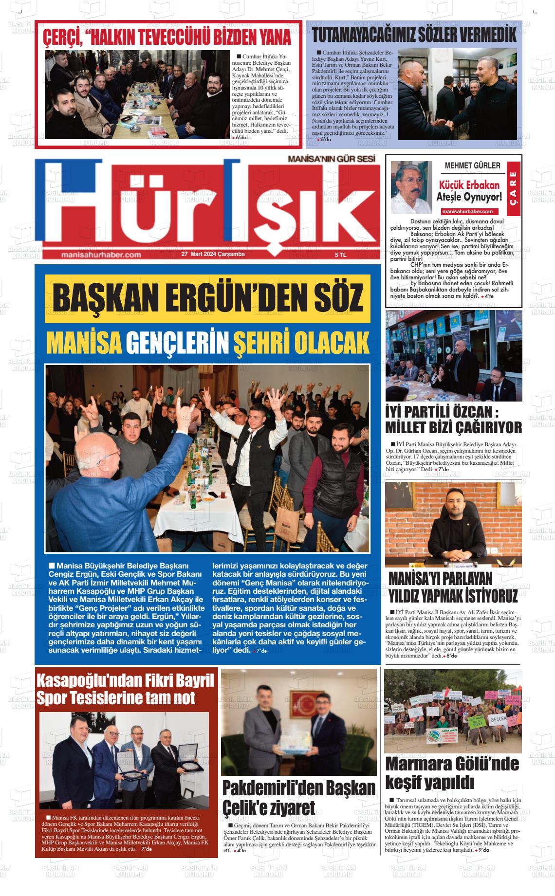 27 Mart 2024 Hür Işık Gazete Manşeti