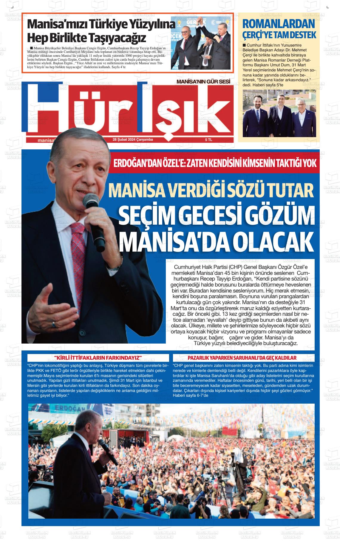 28 Şubat 2024 Hür Işık Gazete Manşeti