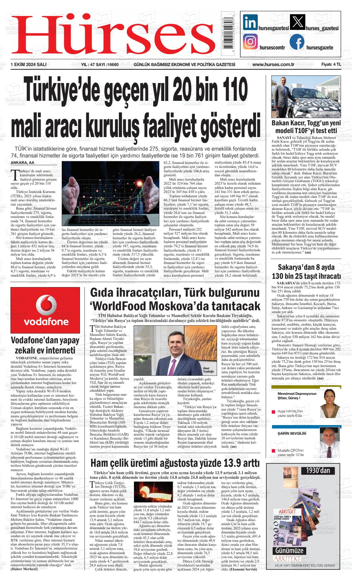 01 Ekim 2024 İstanbul Hürses gazetesi Gazete Manşeti