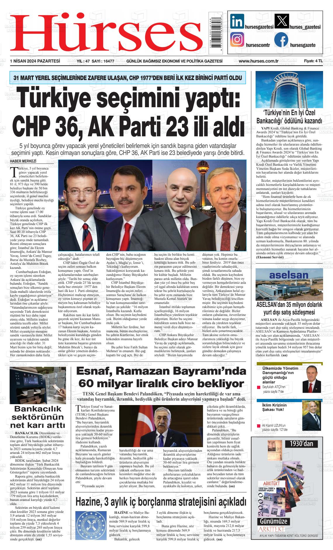 01 Nisan 2024 İstanbul Hürses gazetesi Gazete Manşeti