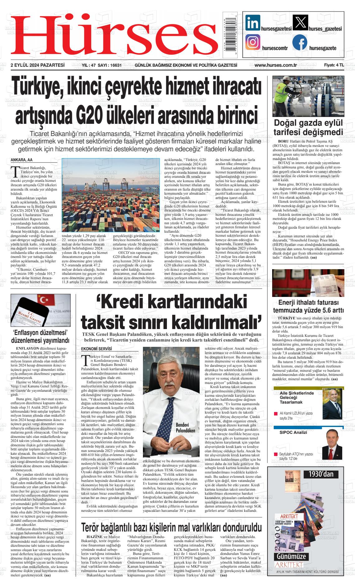 02 Eylül 2024 İstanbul Hürses gazetesi Gazete Manşeti