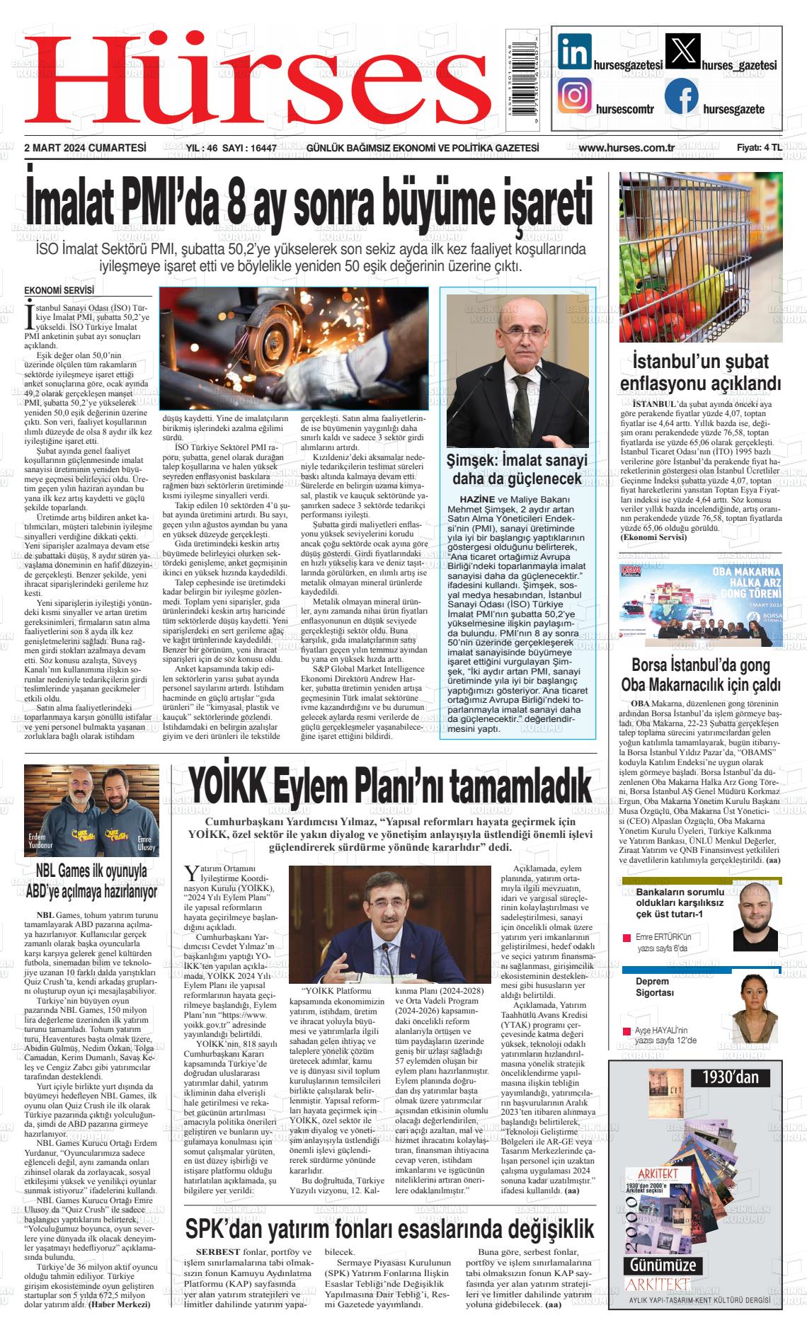 02 Mart 2024 İstanbul Hürses gazetesi Gazete Manşeti