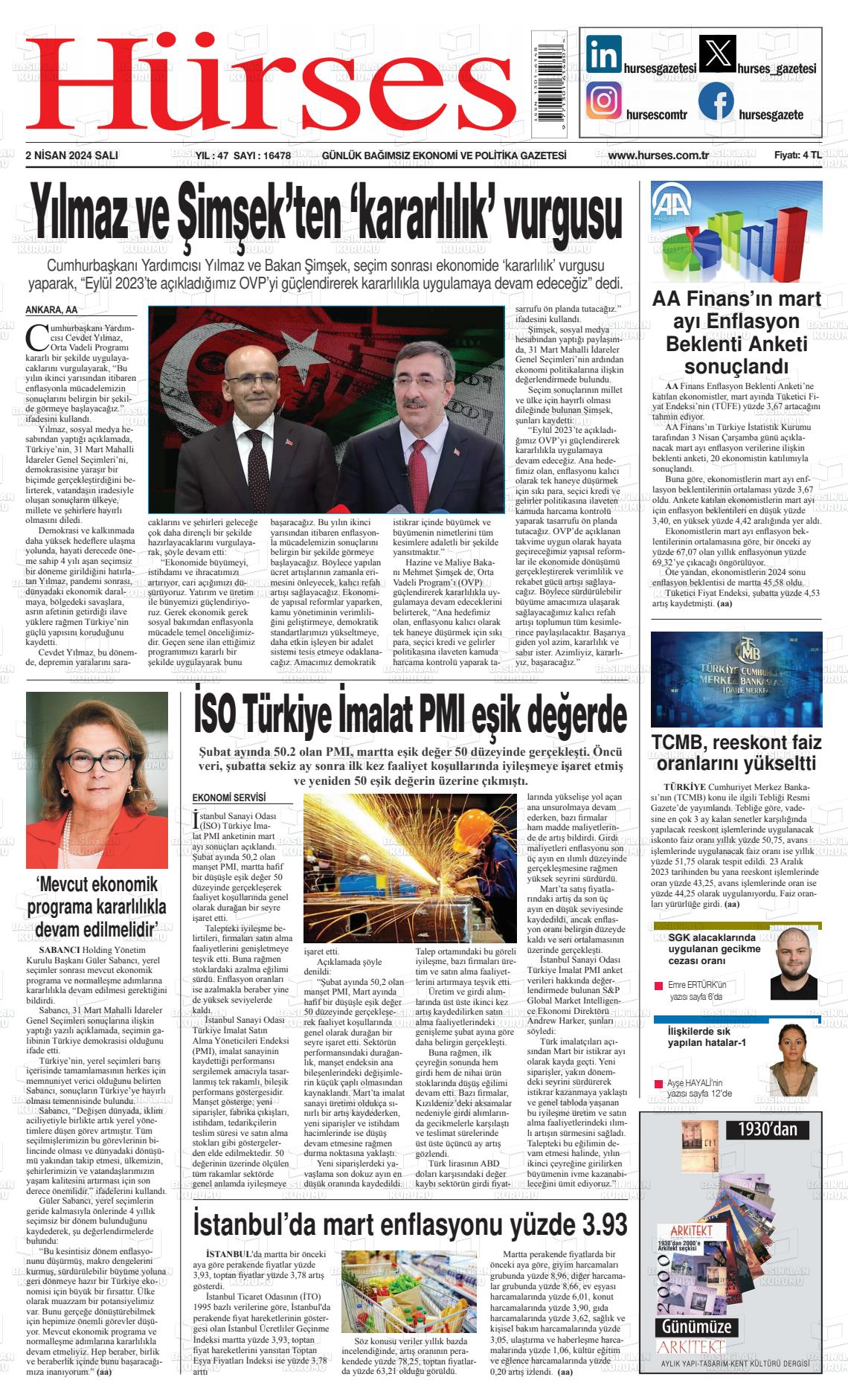 02 Nisan 2024 İstanbul Hürses gazetesi Gazete Manşeti