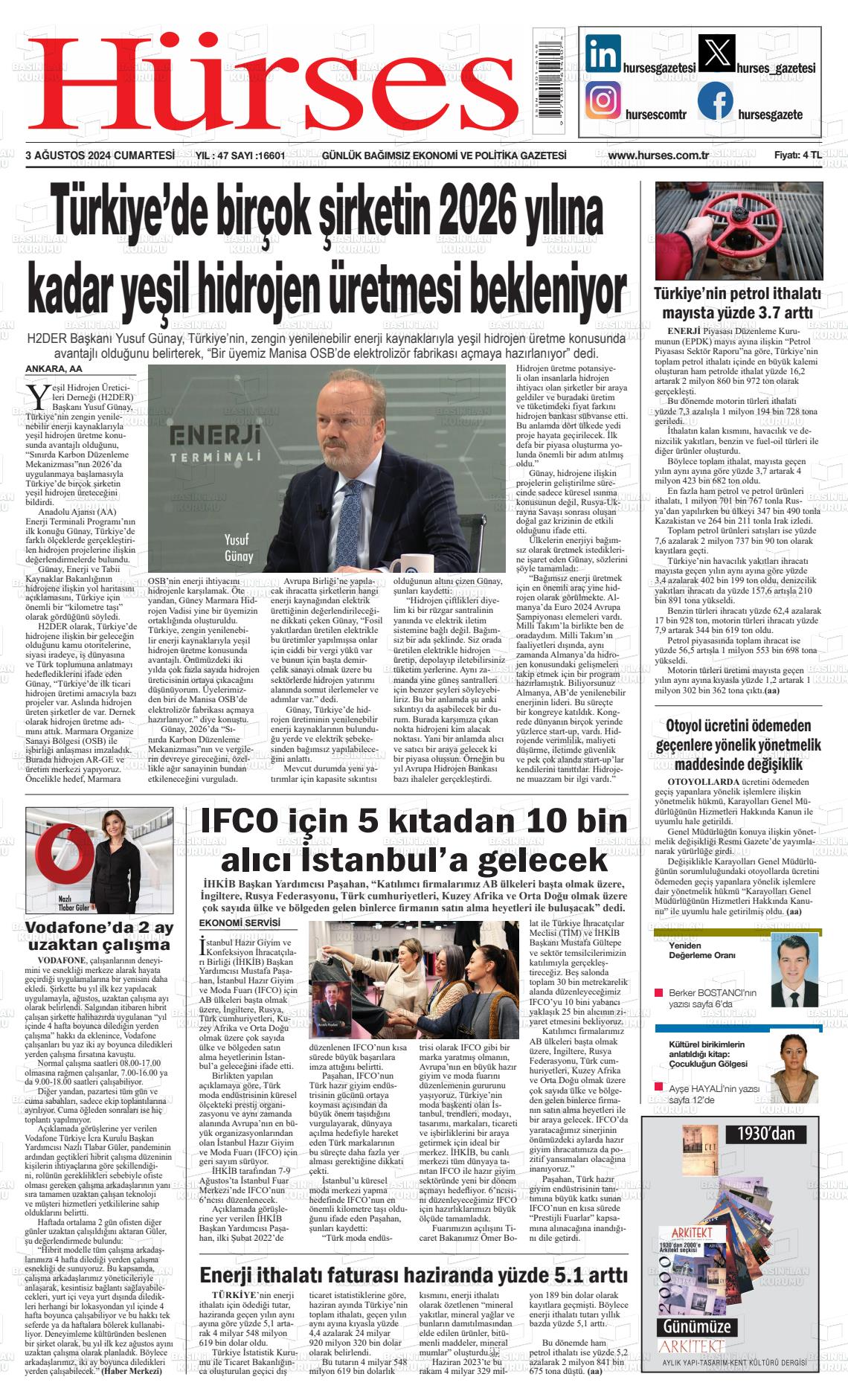 03 Ağustos 2024 İstanbul Hürses gazetesi Gazete Manşeti