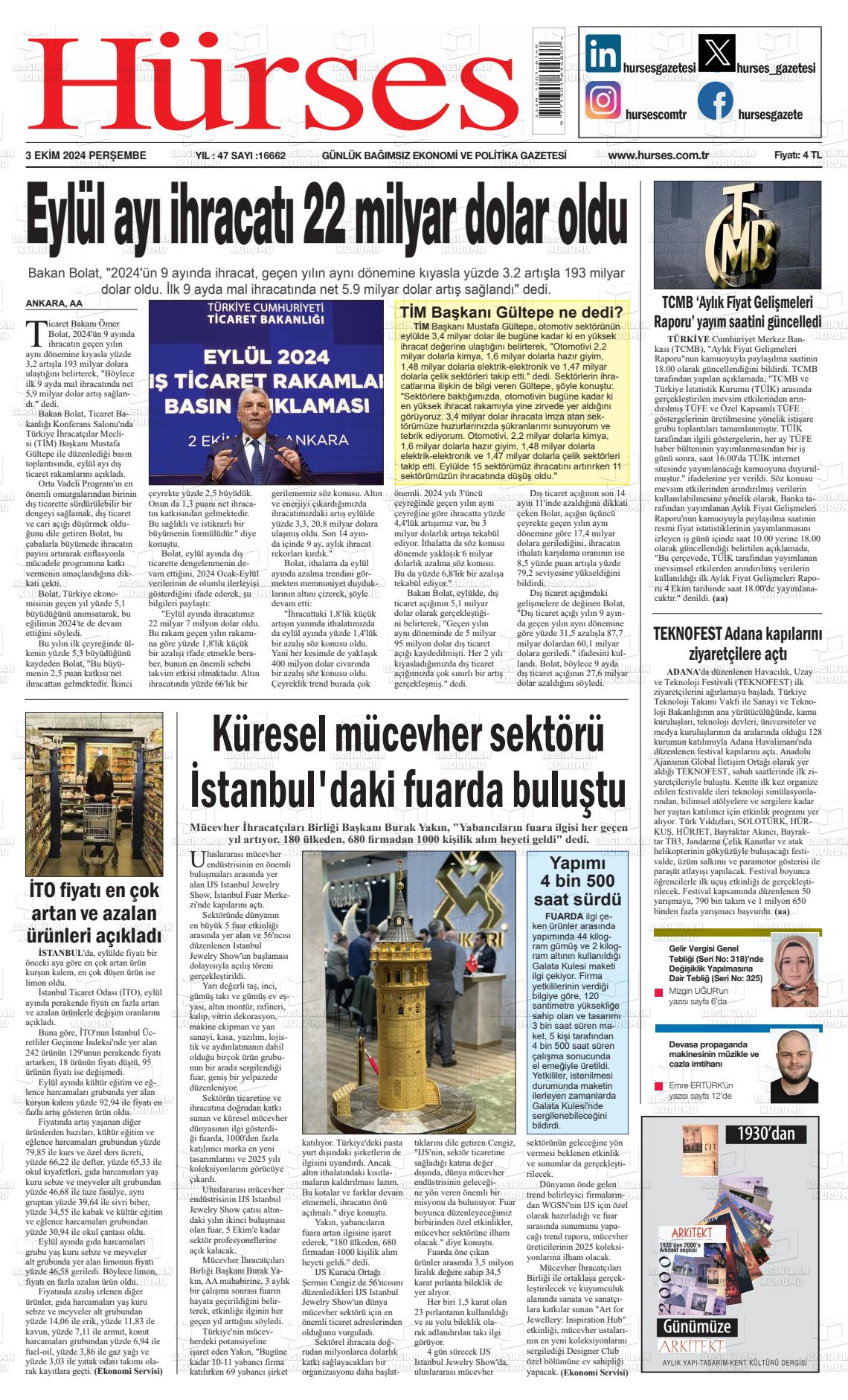 03 Ekim 2024 İstanbul Hürses gazetesi Gazete Manşeti