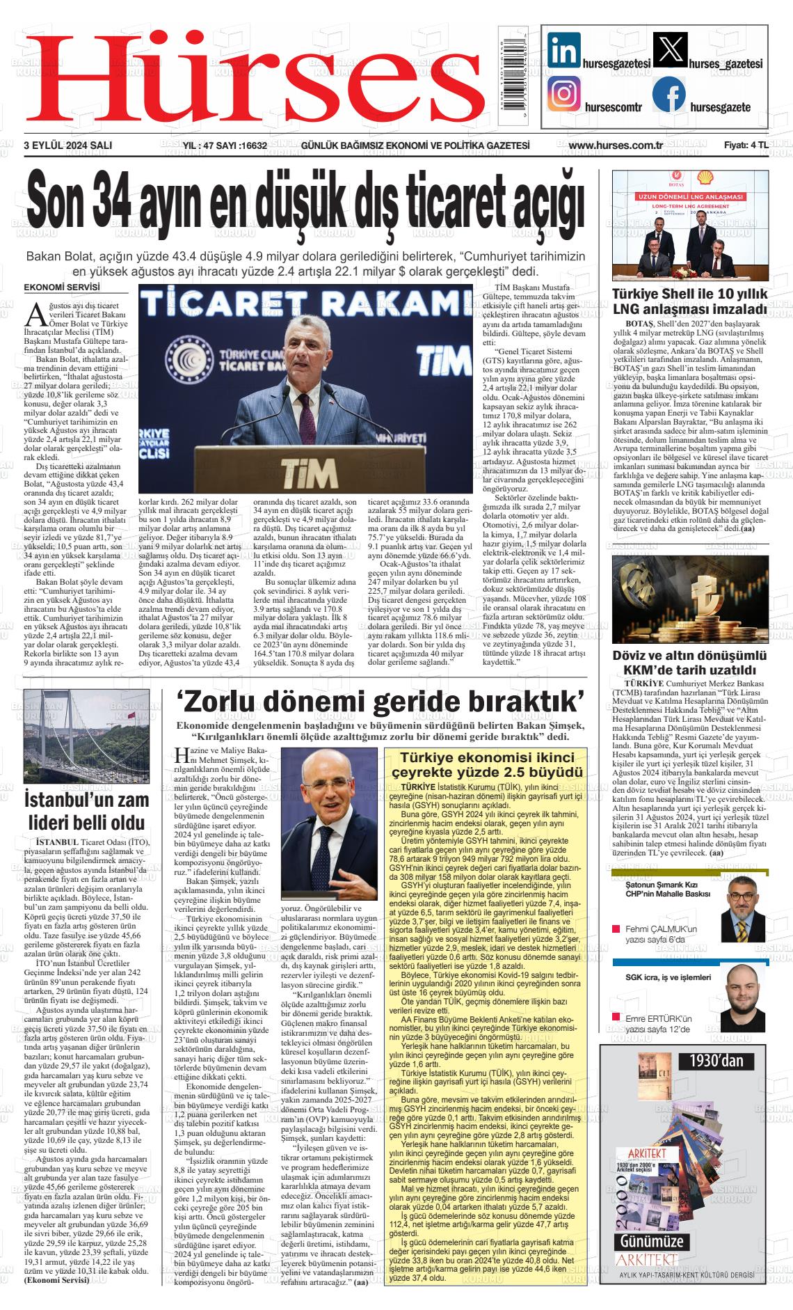 03 Eylül 2024 İstanbul Hürses gazetesi Gazete Manşeti