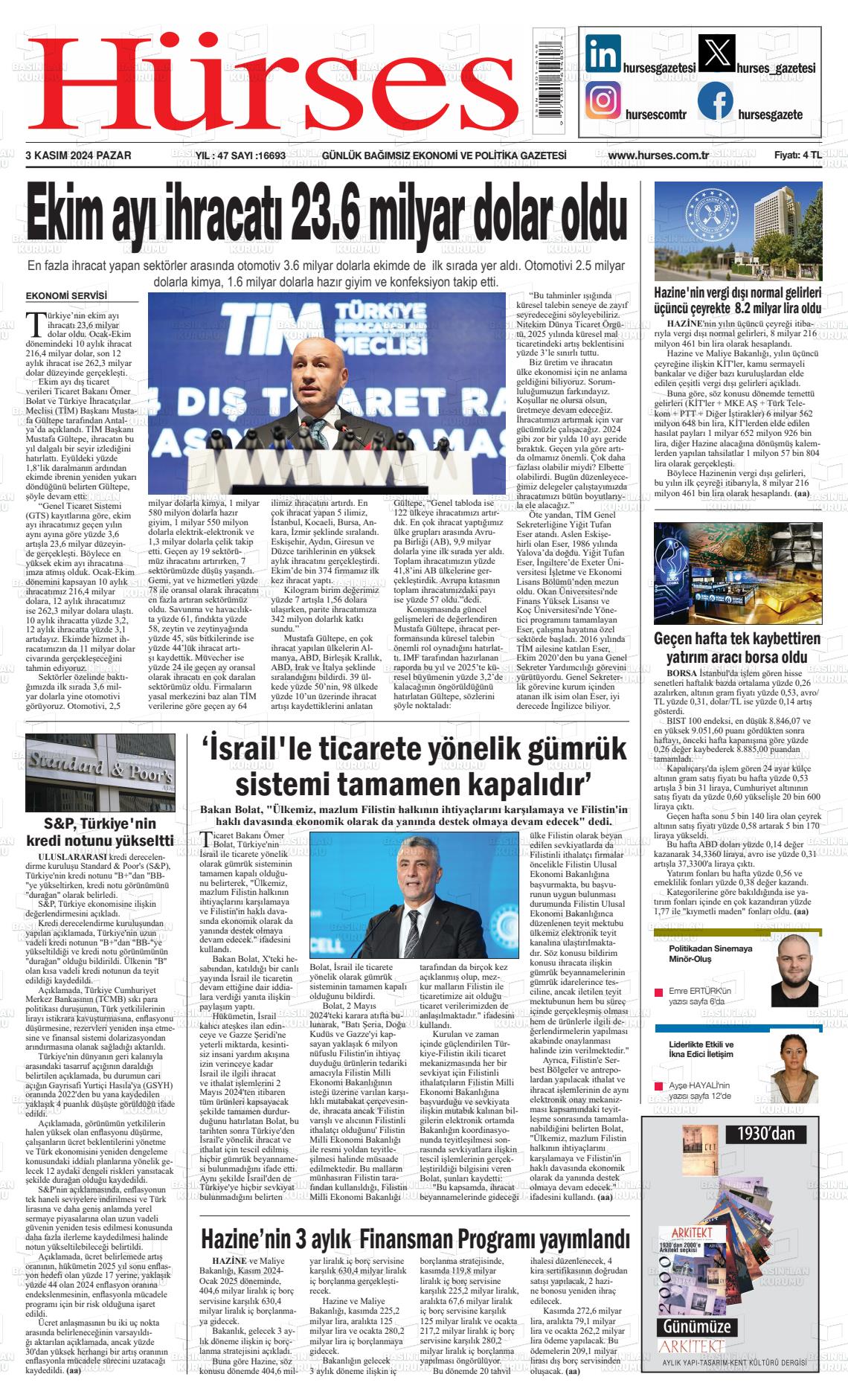 03 Kasım 2024 İstanbul Hürses gazetesi Gazete Manşeti