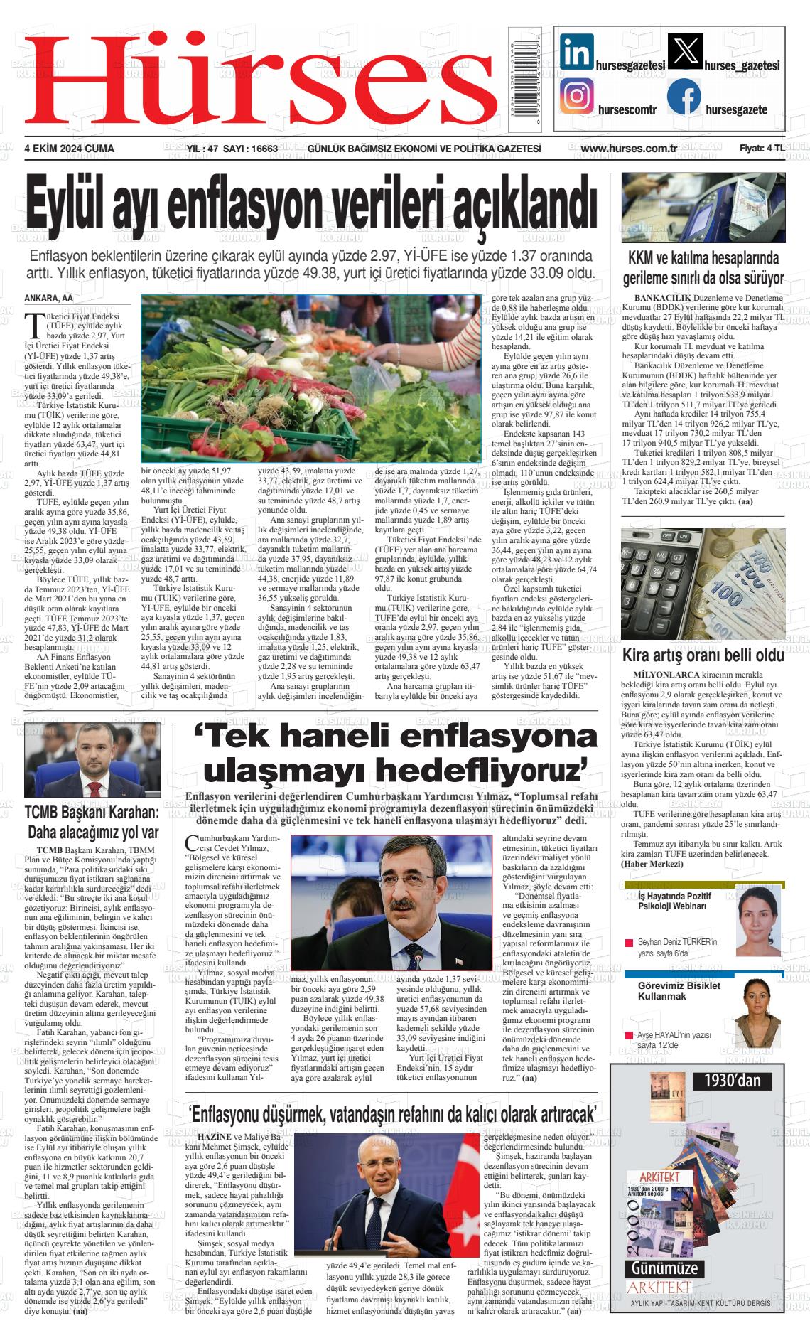 04 Ekim 2024 İstanbul Hürses gazetesi Gazete Manşeti