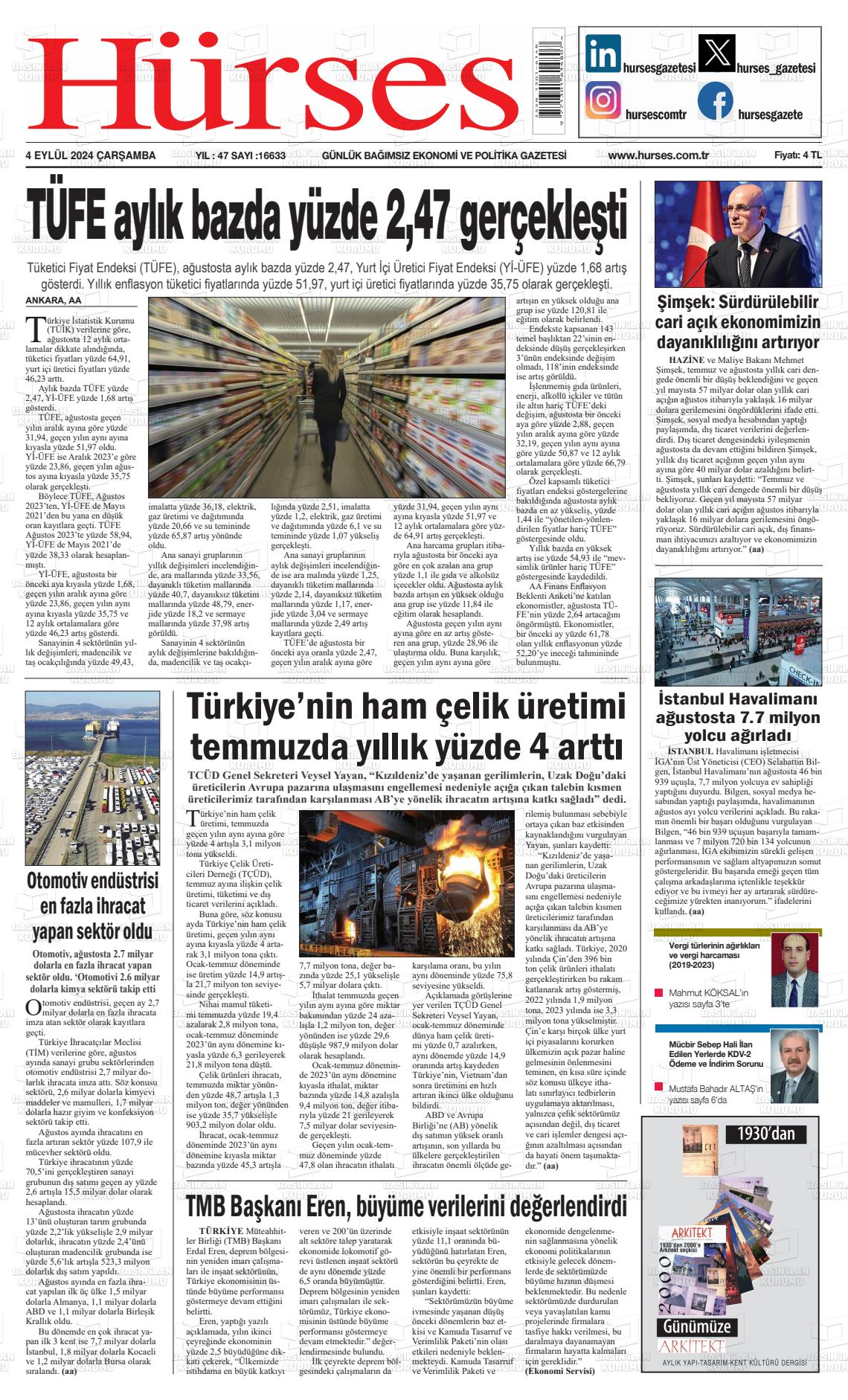 04 Eylül 2024 İstanbul Hürses gazetesi Gazete Manşeti