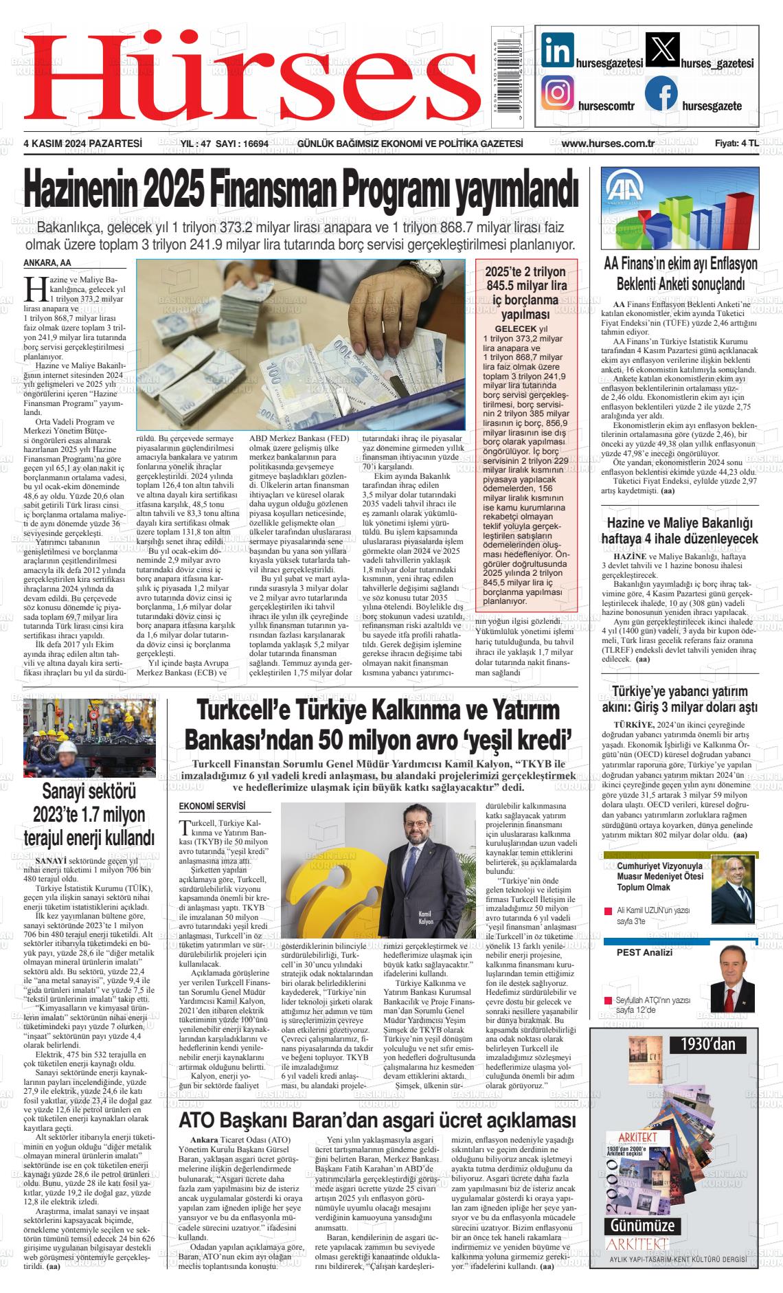 04 Kasım 2024 İstanbul Hürses gazetesi Gazete Manşeti