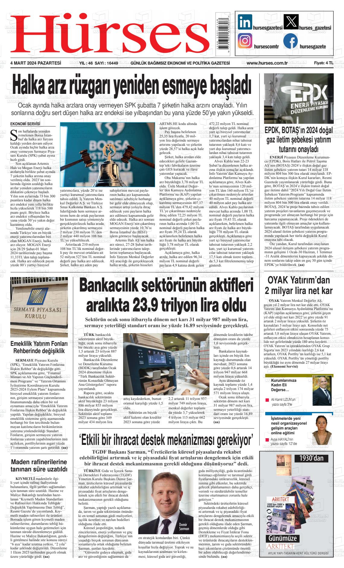 04 Mart 2024 İstanbul Hürses gazetesi Gazete Manşeti