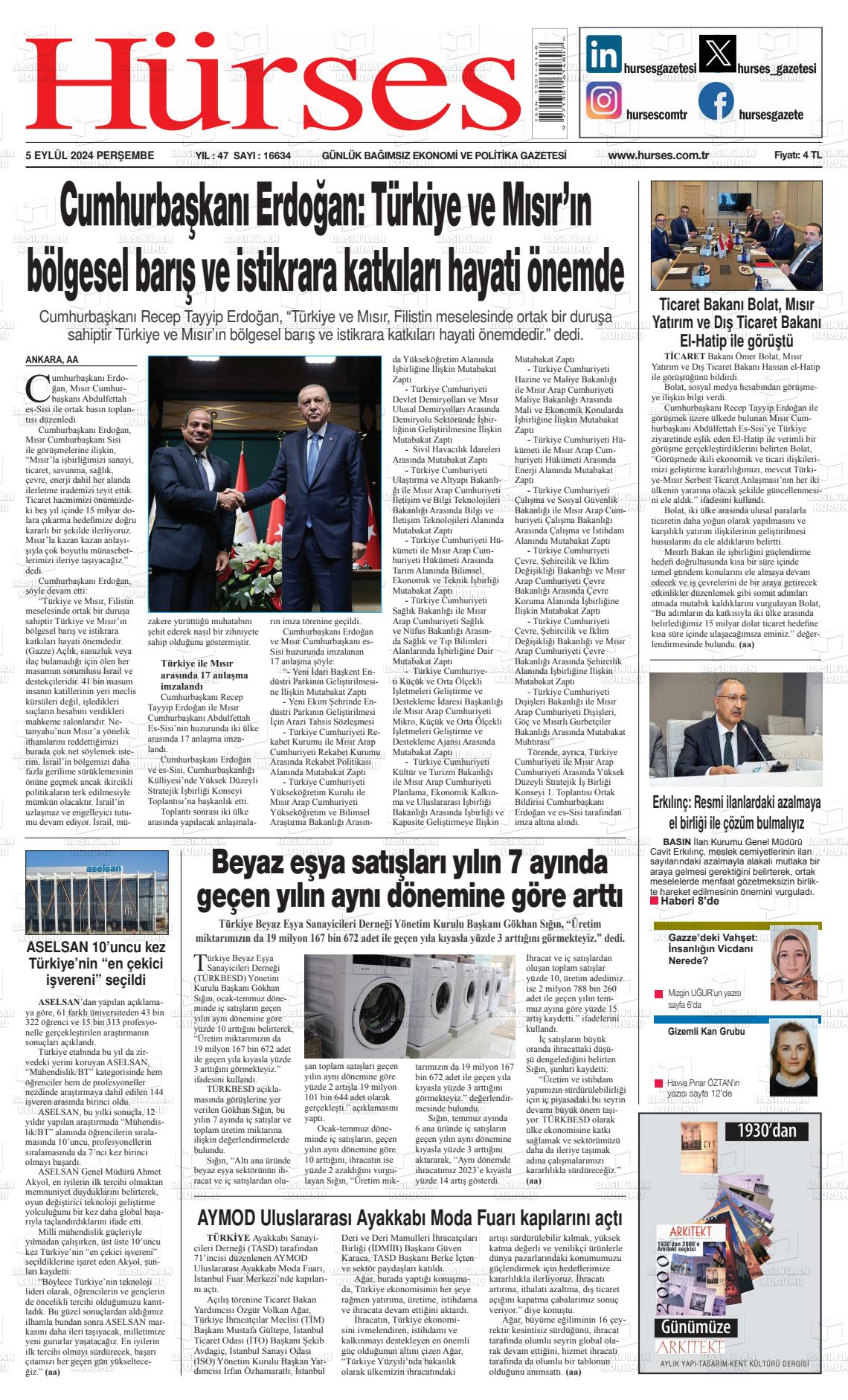 05 Eylül 2024 İstanbul Hürses gazetesi Gazete Manşeti