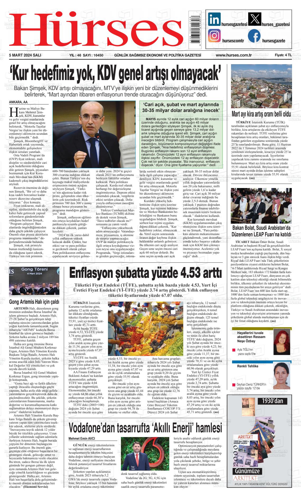 07 Mart 2024 İstanbul Hürses gazetesi Gazete Manşeti