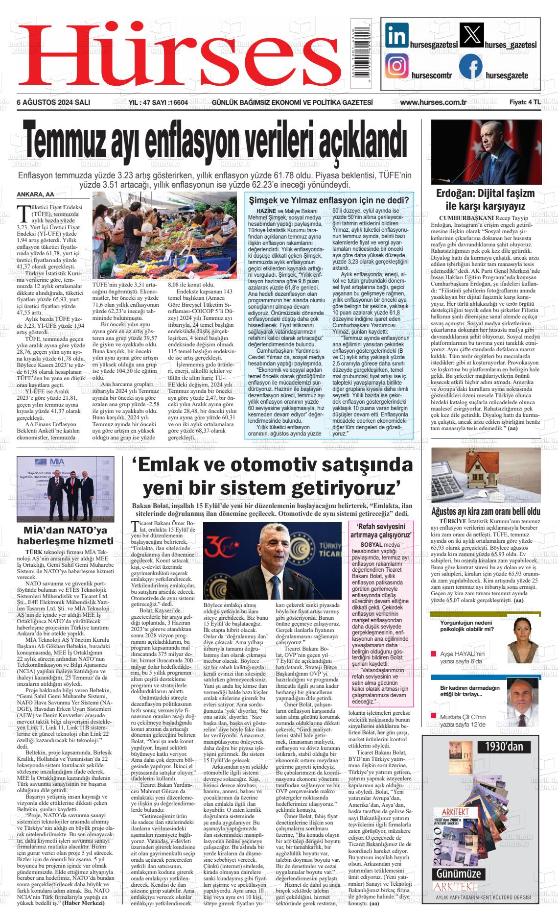 06 Ağustos 2024 İstanbul Hürses gazetesi Gazete Manşeti