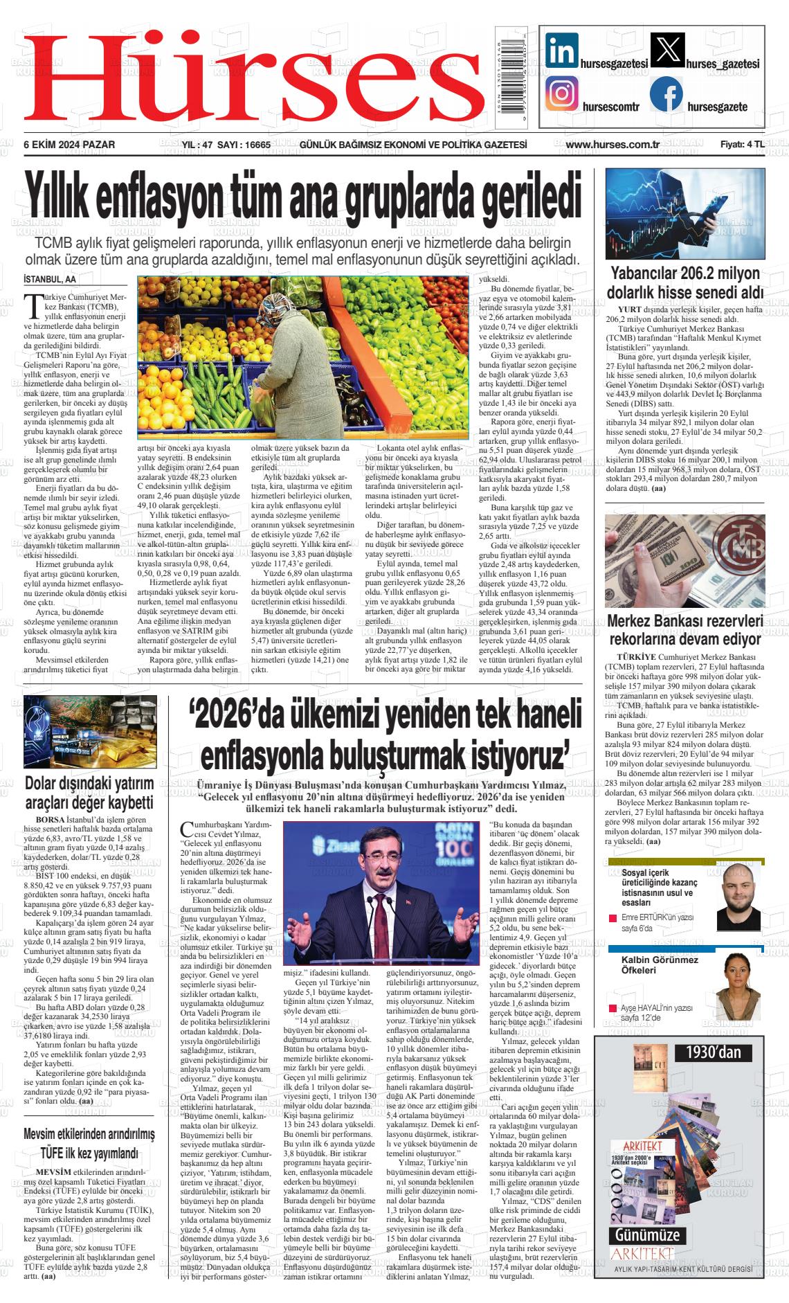 06 Ekim 2024 İstanbul Hürses gazetesi Gazete Manşeti