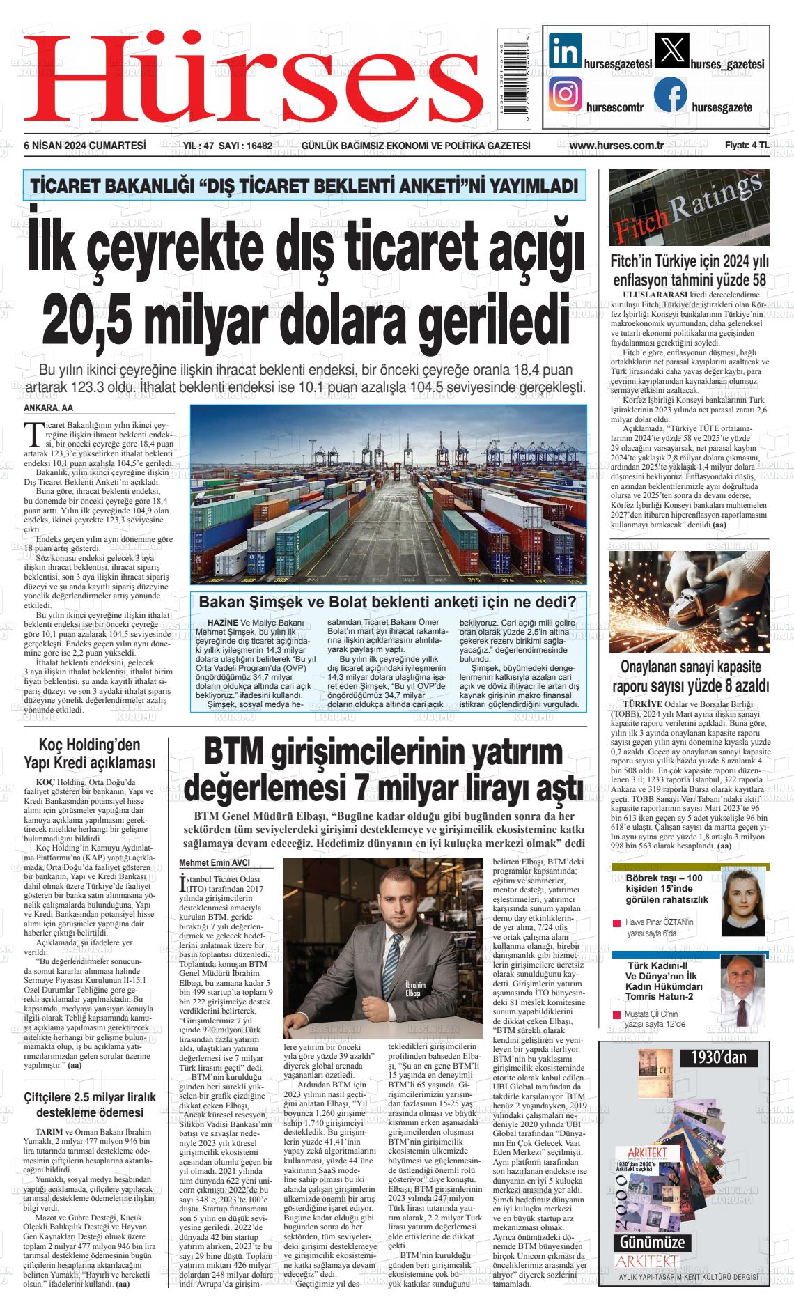 06 Nisan 2024 İstanbul Hürses gazetesi Gazete Manşeti