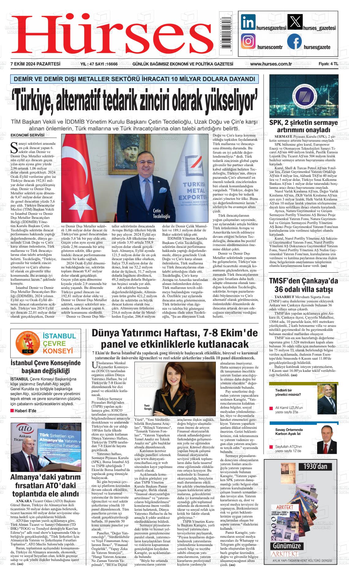 07 Ekim 2024 İstanbul Hürses gazetesi Gazete Manşeti