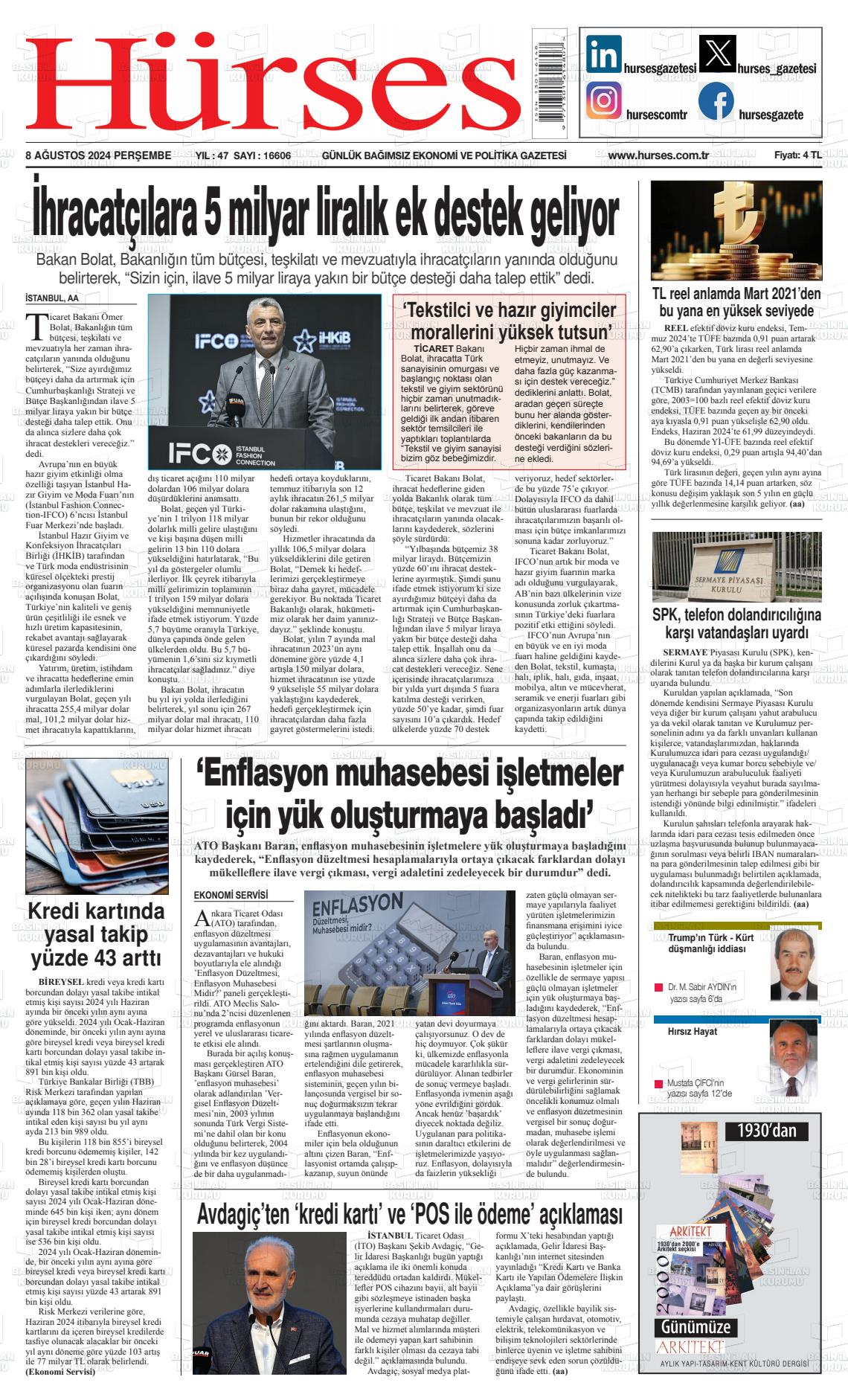 08 Ağustos 2024 İstanbul Hürses gazetesi Gazete Manşeti