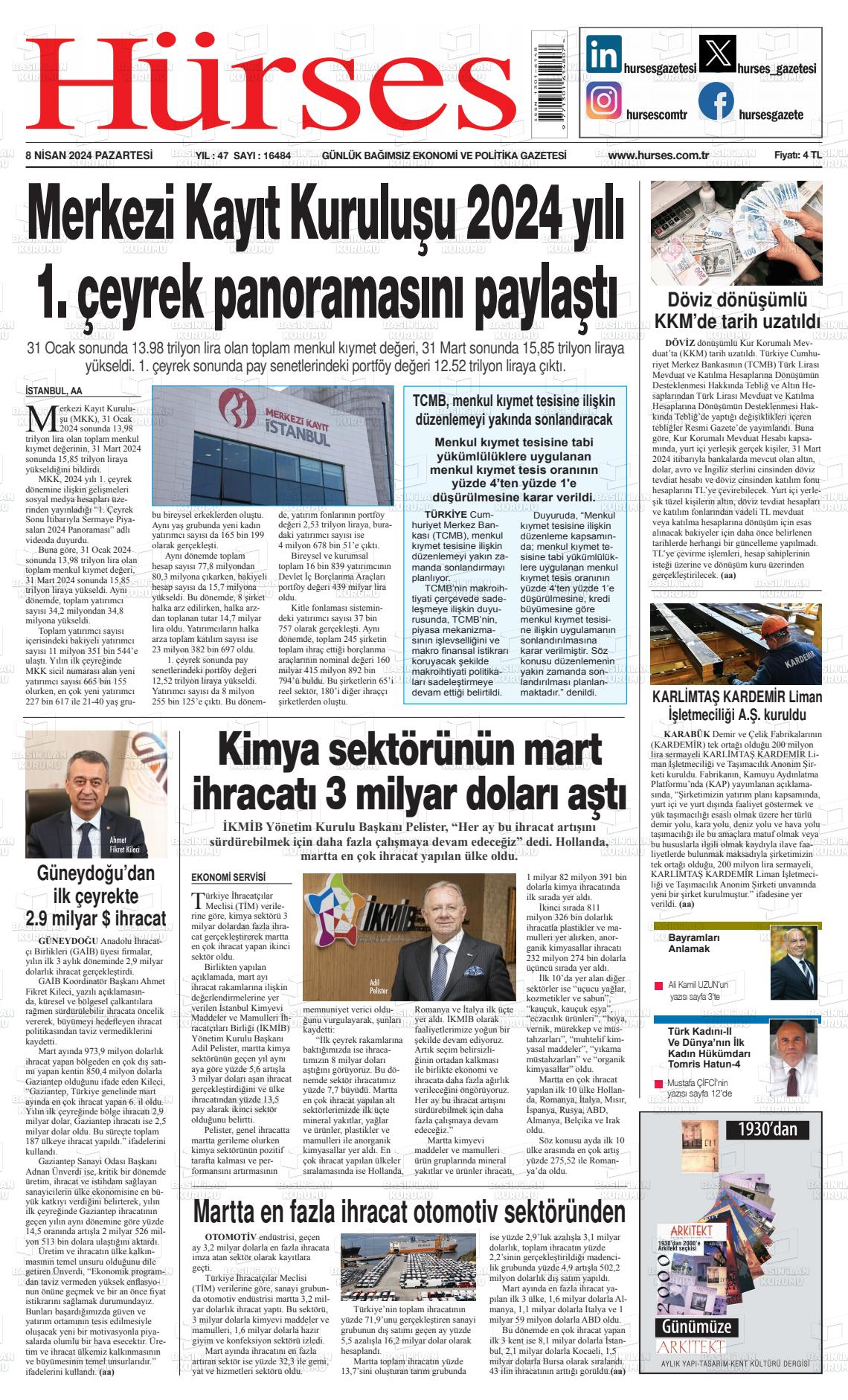 08 Nisan 2024 İstanbul Hürses gazetesi Gazete Manşeti