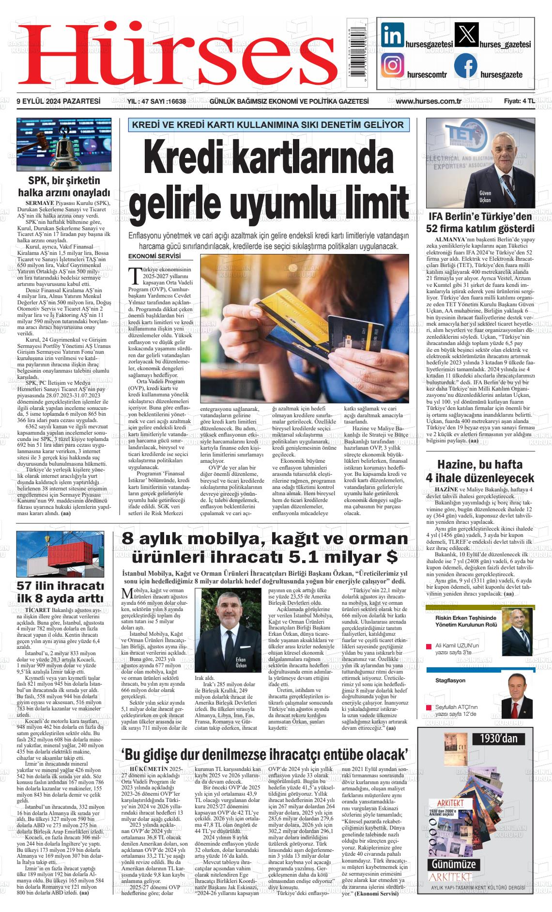 09 Eylül 2024 İstanbul Hürses gazetesi Gazete Manşeti