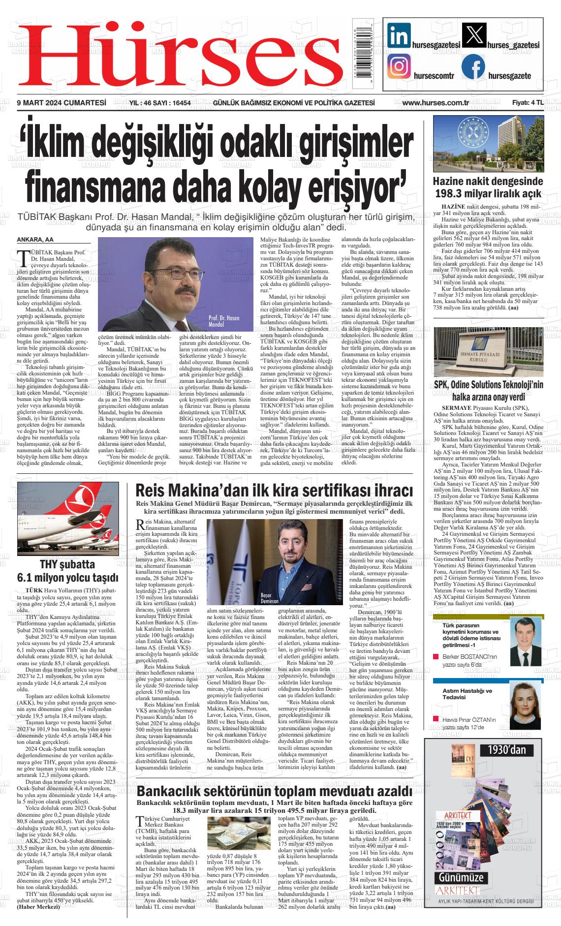 09 Mart 2024 İstanbul Hürses gazetesi Gazete Manşeti