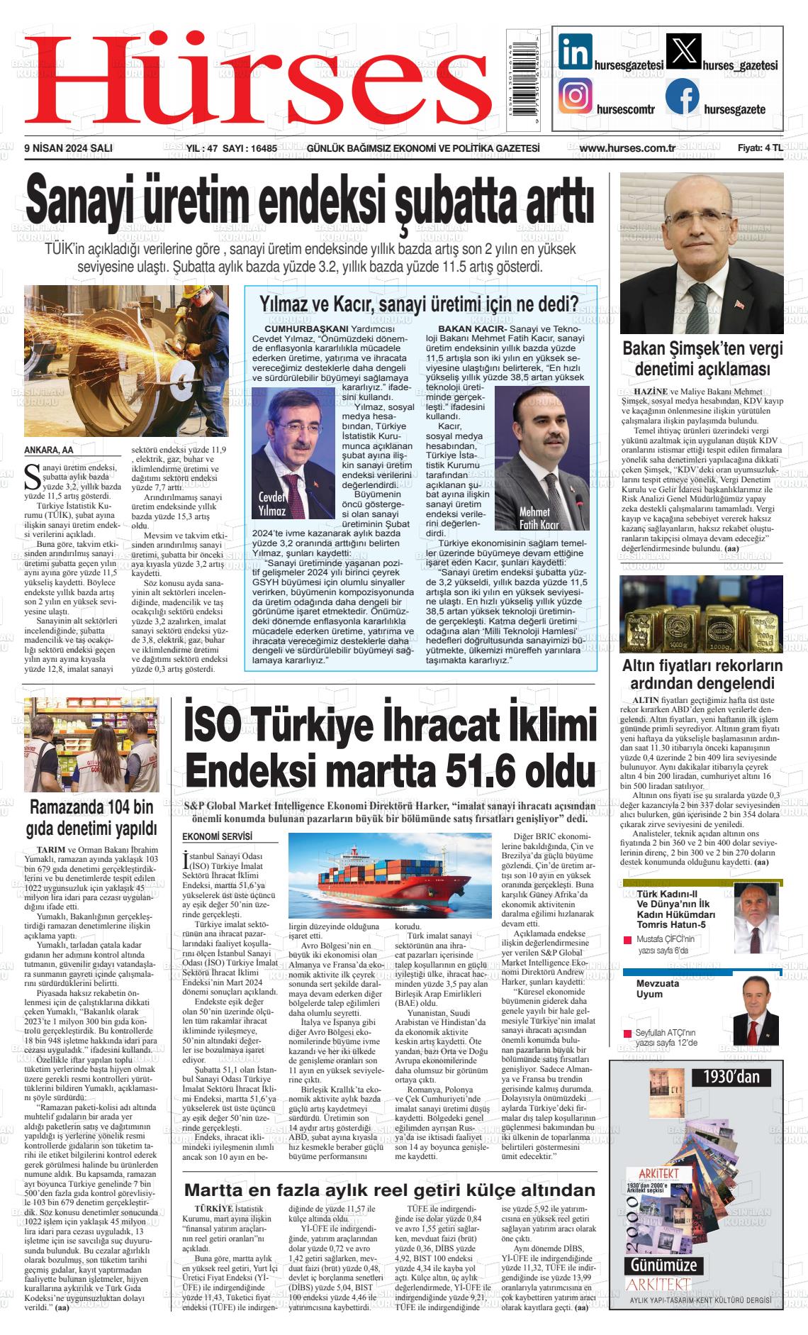 09 Nisan 2024 İstanbul Hürses gazetesi Gazete Manşeti