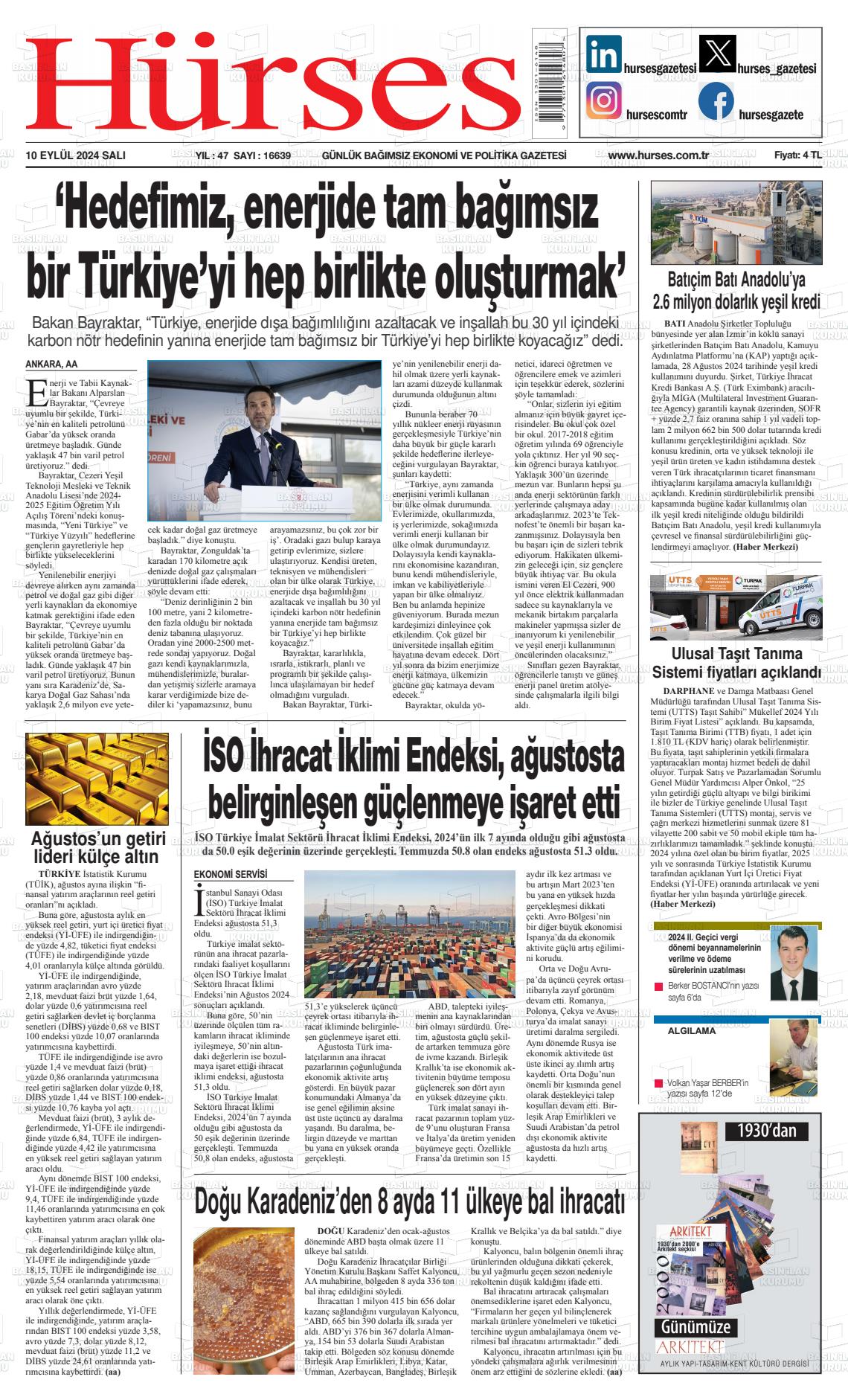 10 Eylül 2024 İstanbul Hürses gazetesi Gazete Manşeti