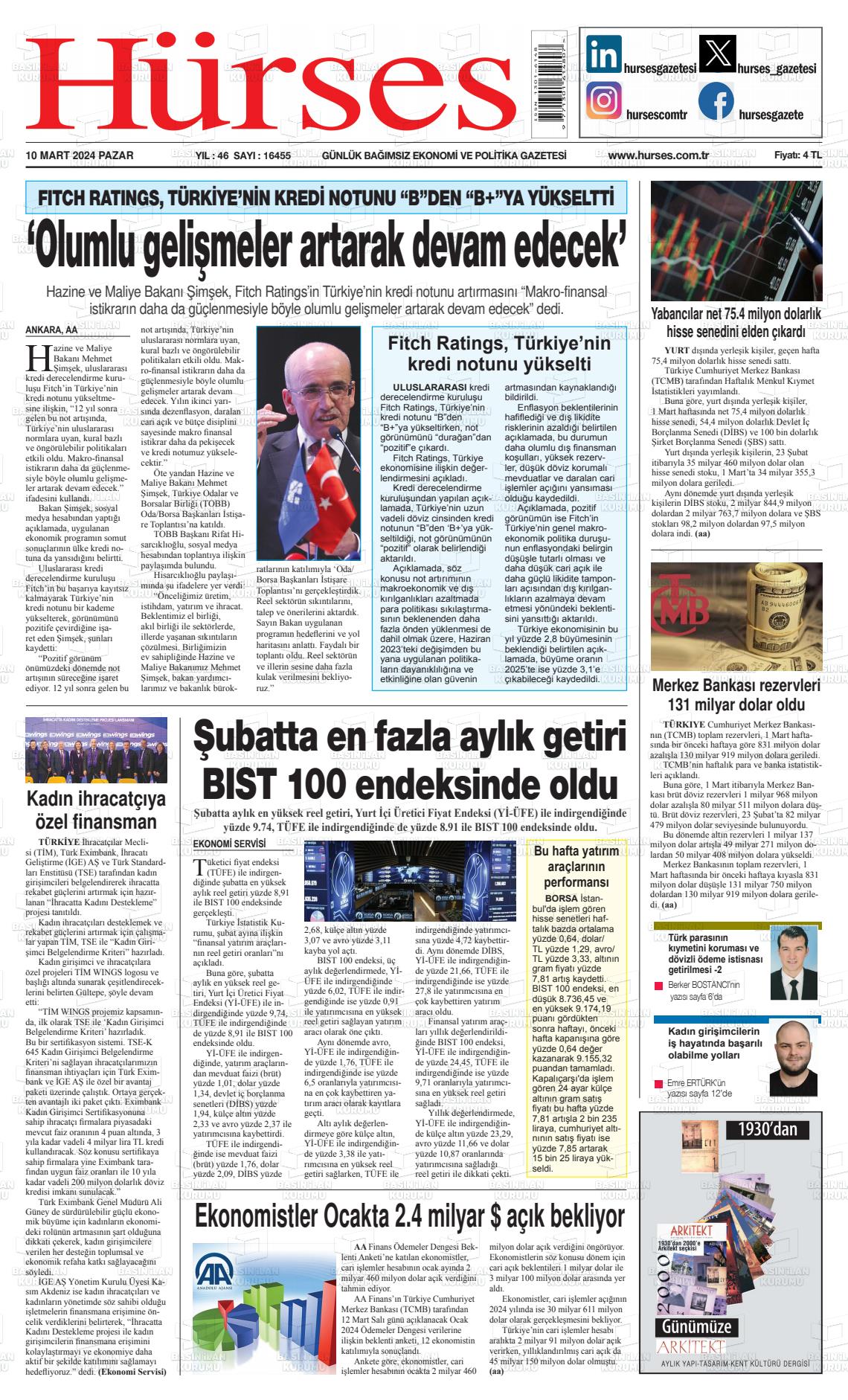 10 Mart 2024 İstanbul Hürses gazetesi Gazete Manşeti