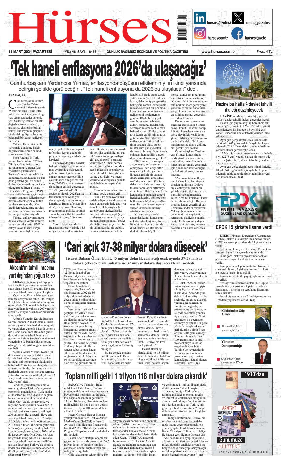 11 Mart 2024 İstanbul Hürses gazetesi Gazete Manşeti